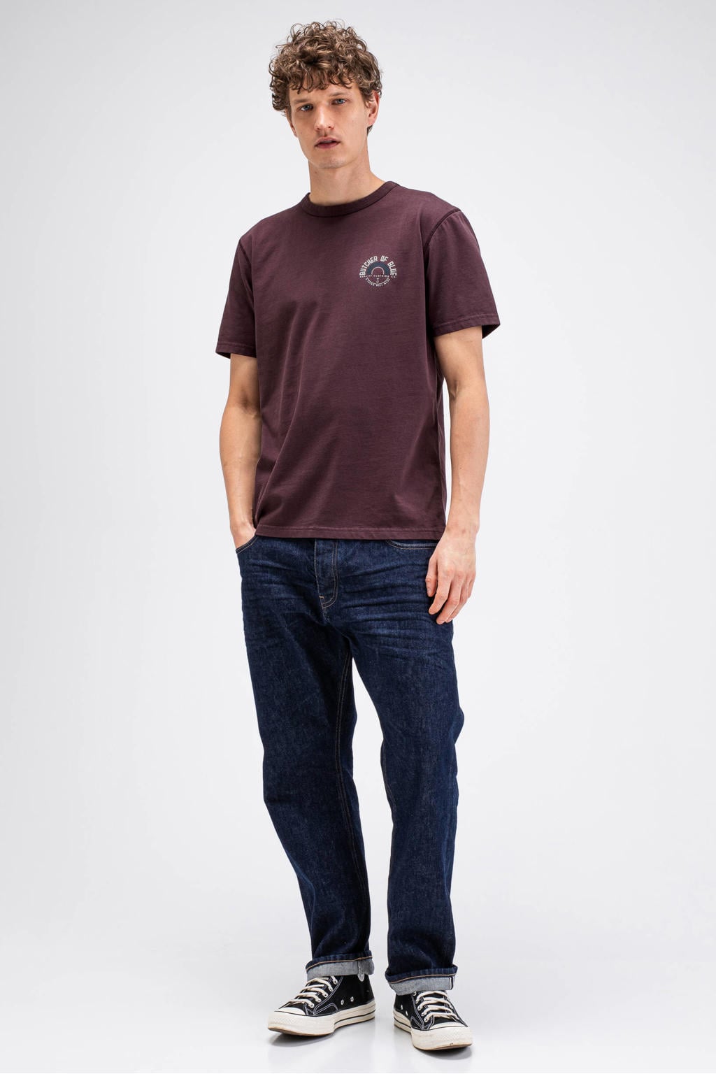 Donkerpaarse heren Butcher of Blue regular fit T-shirt van katoen met korte mouwen en ronde hals