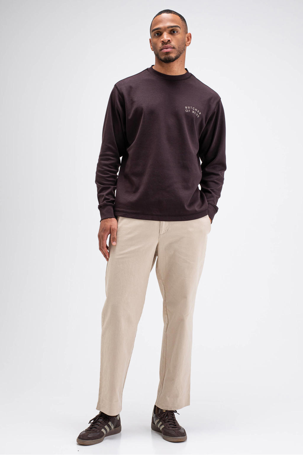 Donkerblauwe heren Butcher of Blue relaxed fit longsleeve en logo topaz met lange mouwen en ronde hals