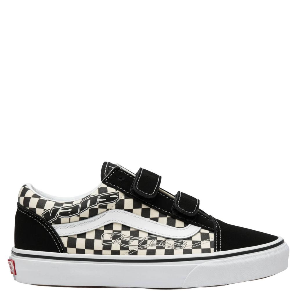 Zwart en ecru jongens en meisjes Vans Old Skool leren suède geruite sneakers - met klittenband