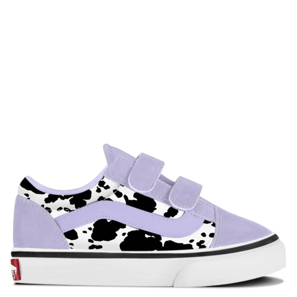Lila en zwarte jongens en meisjes Vans Old Skool leren sneakers - van textiel en suède met klittenband en koeienprint