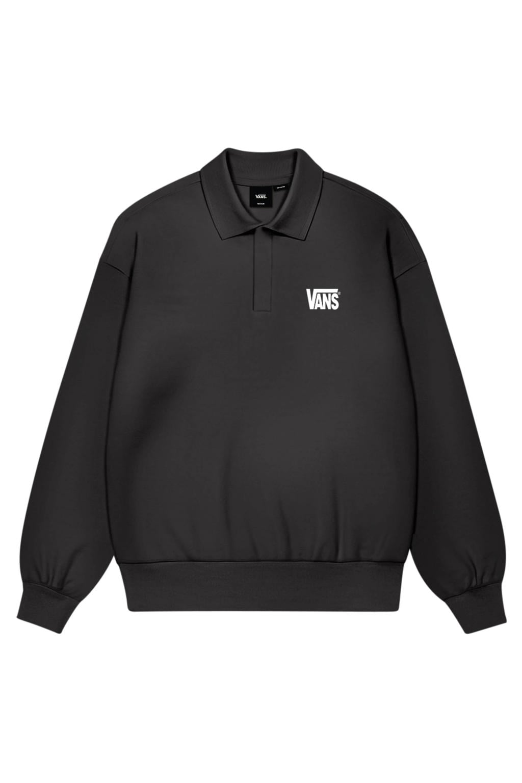 Zwarte heren Vans relaxed fit sweater met effen, lange mouwen en polo kraag