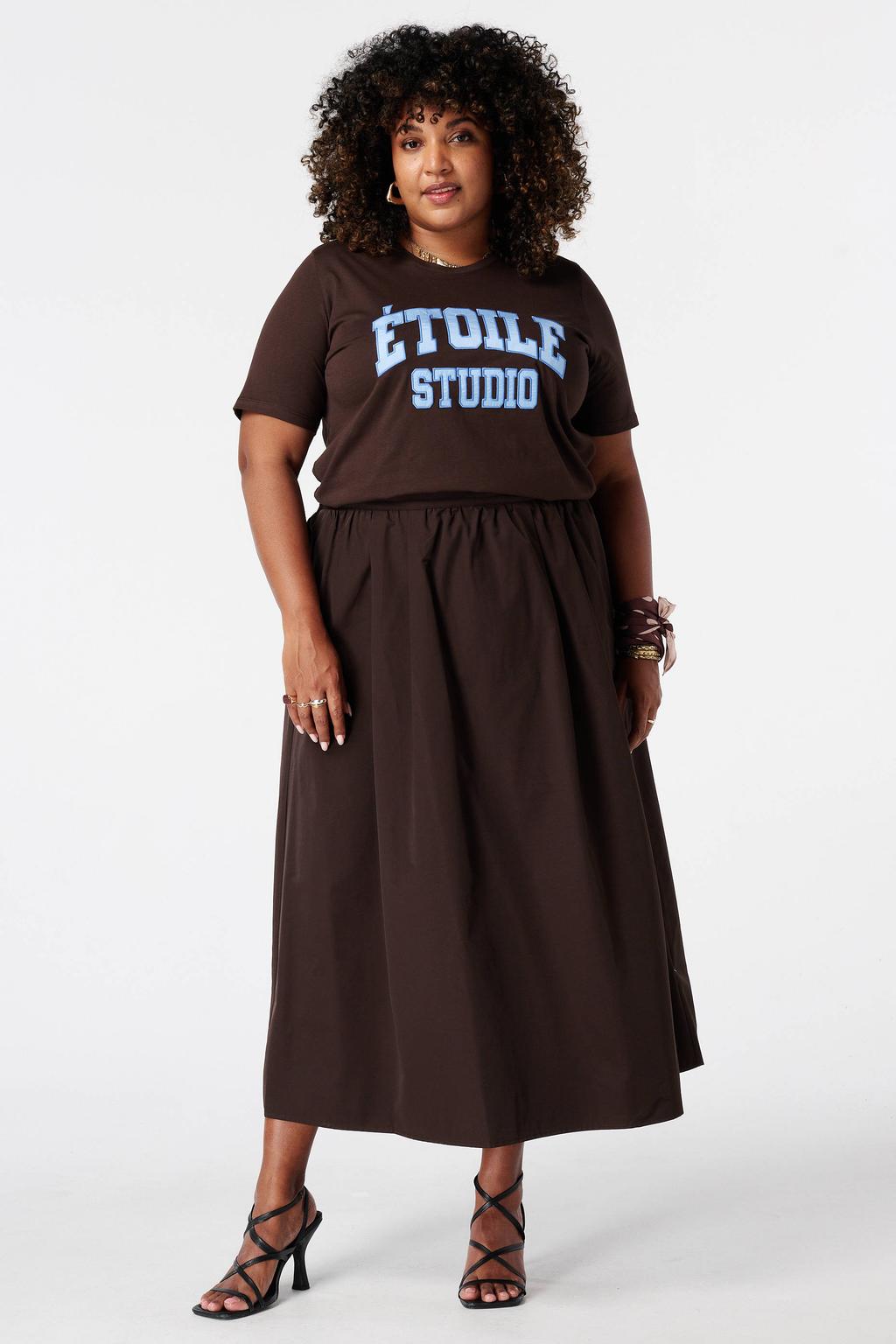 Bruin en blauwe dames MS Mode T-shirt Plus Size van katoen met tekst print en korte mouwen