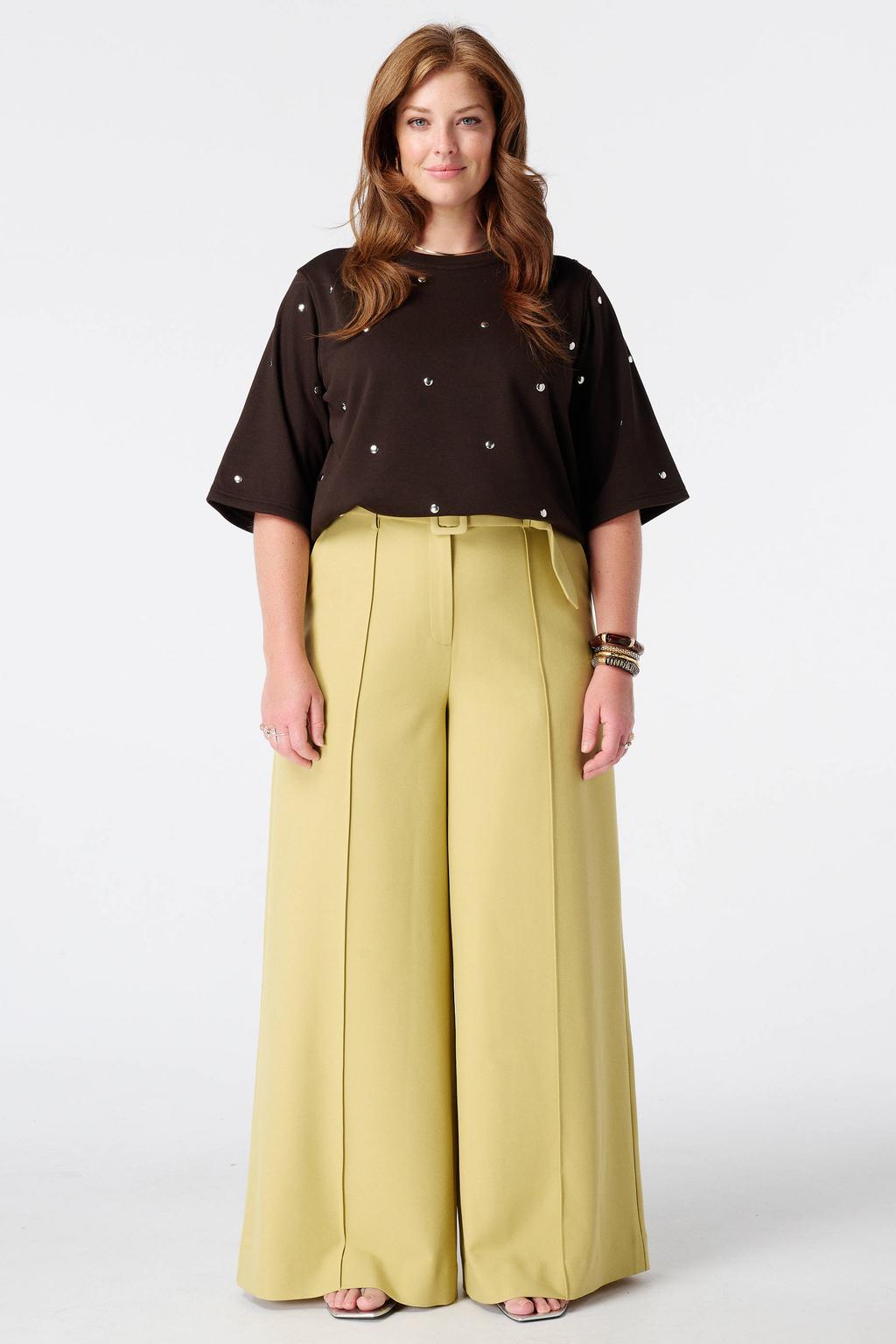 Bruine dames MS Mode T-shirt Plus Size van polyester met effen, driekwart mouwen en studs