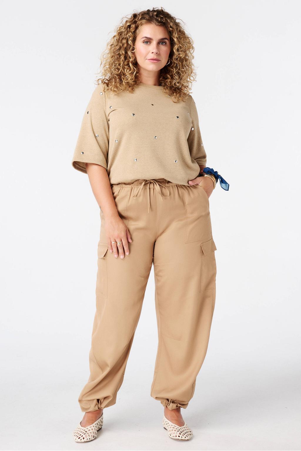 Beige dames MS Mode T-shirt Plus Size van polyester met effen, driekwart mouwen en studs