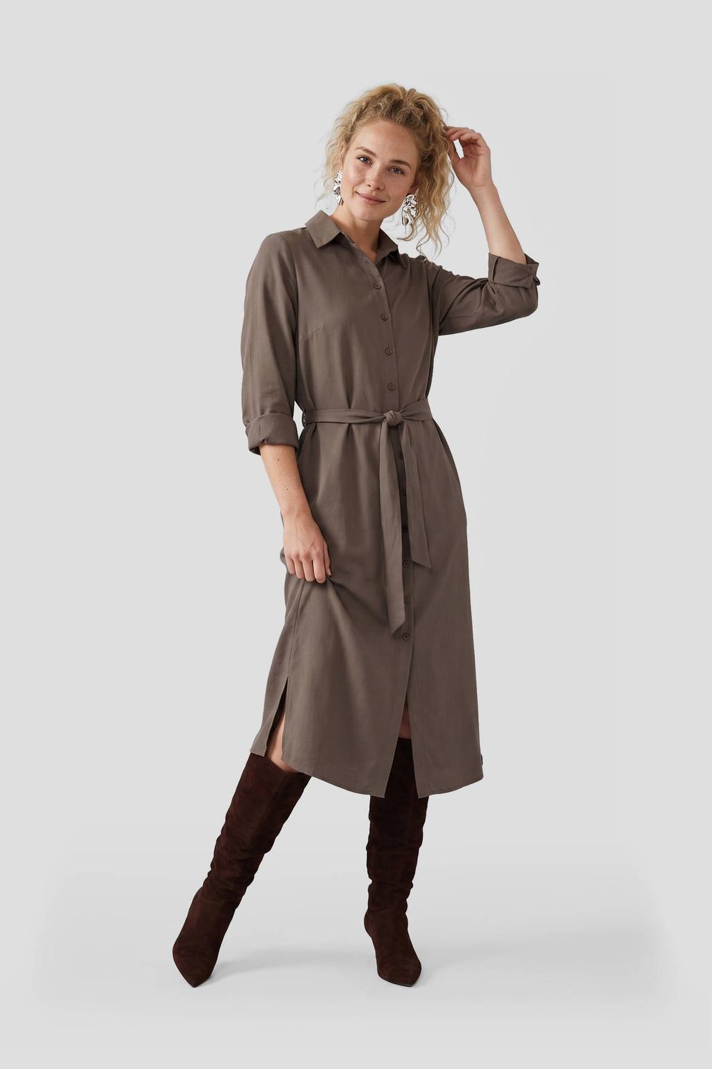 Taupe dames TQ-Amsterdam travelstof midi blousejurk met effen, lange mouwen, klassieke kraag, knoopsluiting en ceintuur