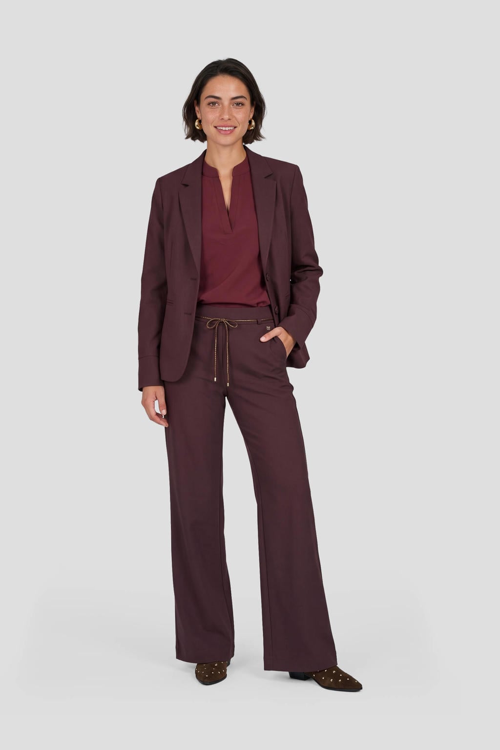 Donkerpaarse dames TQ-Amsterdam van travelstof met straight fit, regular waist, elastische tailleband met koord en effen