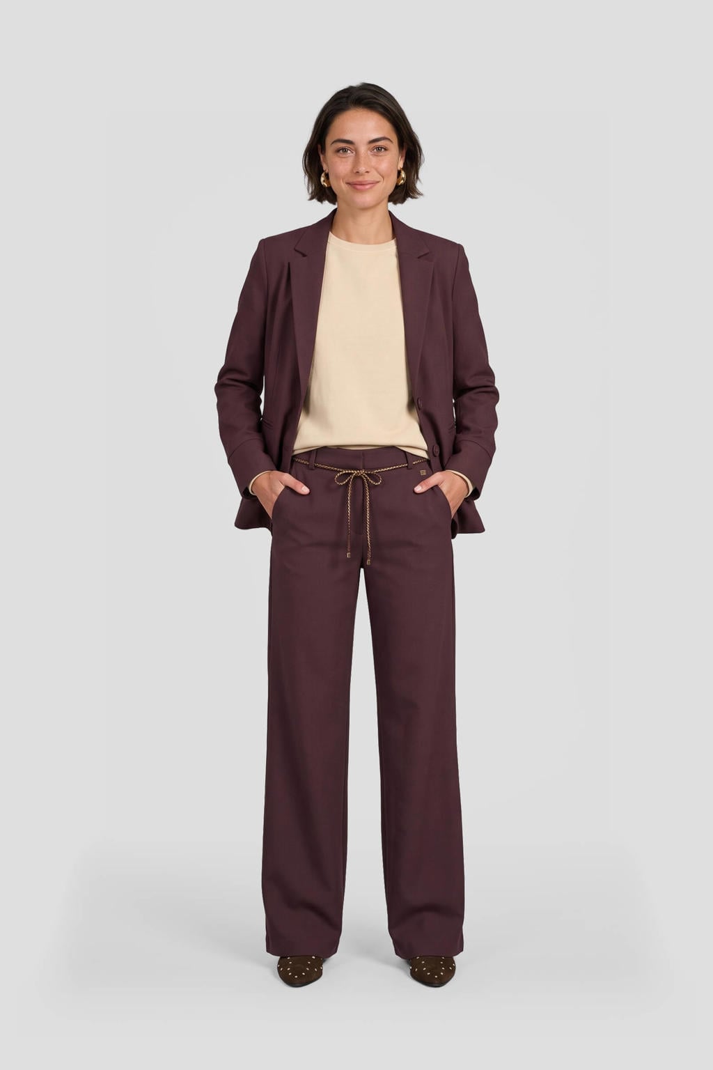 Donkerpaarse dames TQ-Amsterdam travelstof regular blazer met effen, lange mouwen, reverskraag en knoopsluiting
