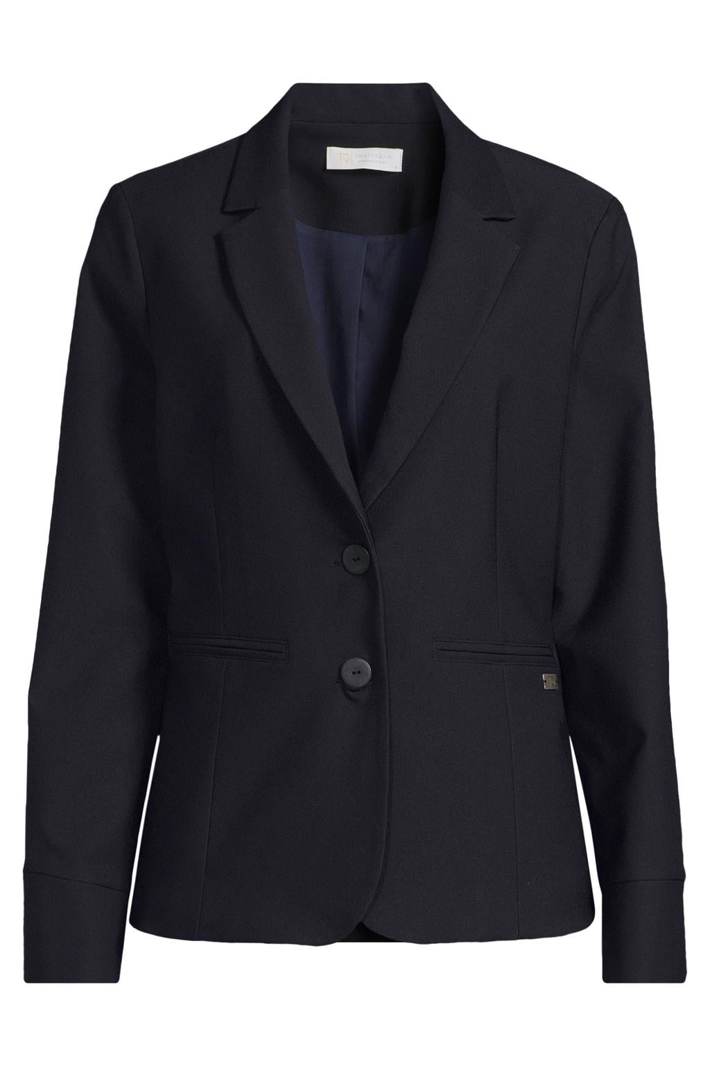 Donkerblauwe dames TQ-Amsterdam travelstof regular fit blazer met effen, lange mouwen en reverskraag