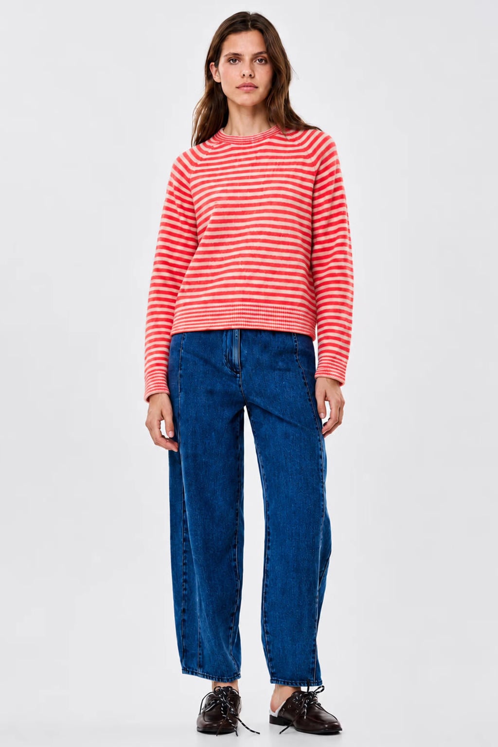 Rood en roze dames CKS van wol met strepenprint, lange mouwen en ronde hals