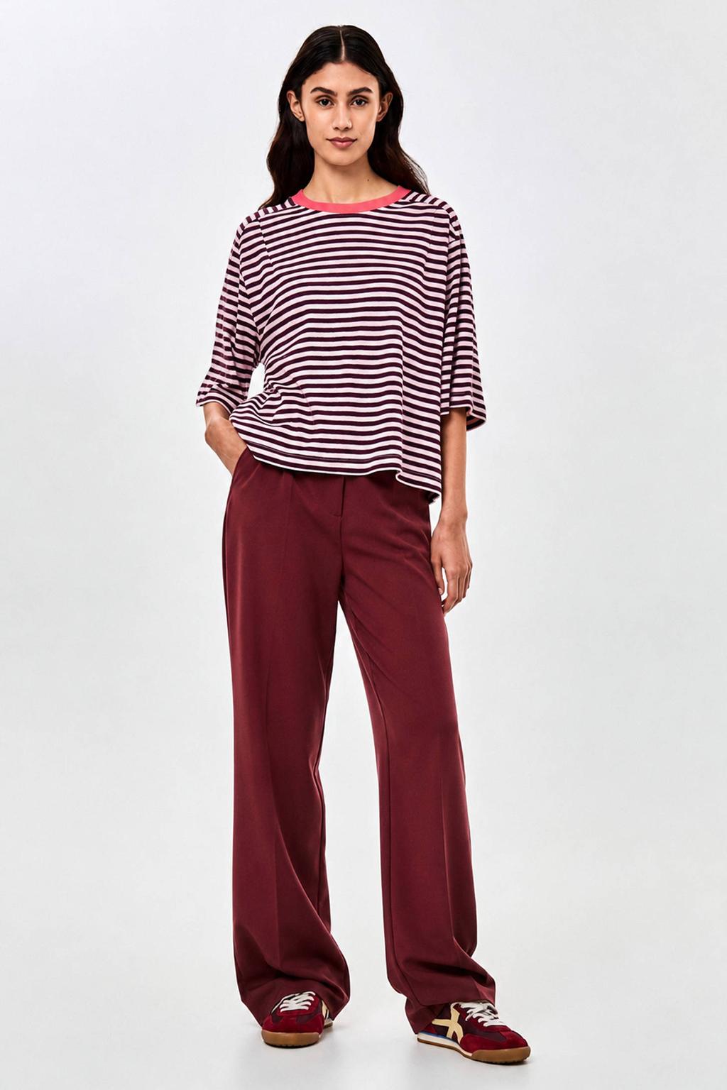 Donkerrode dames CKS regular fit broek van polyester met high waist en effen