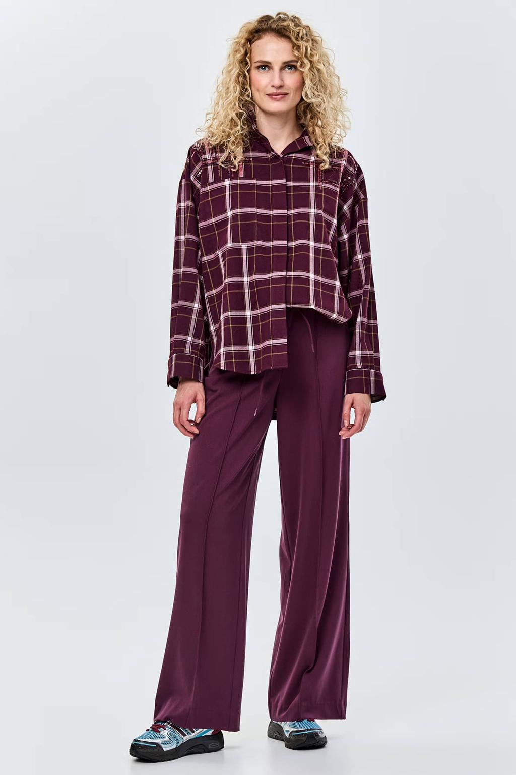 Donkerrood en ecru dames CKS geruite blouse van polyester met lange mouwen, klassieke kraag en knoopsluiting