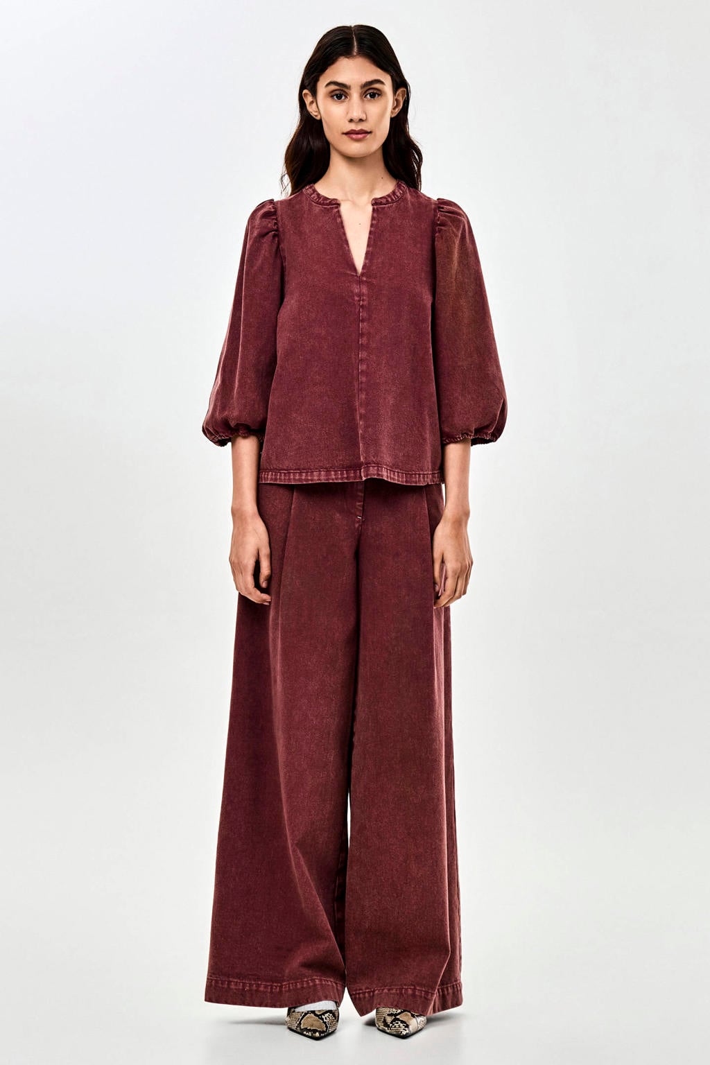 Donkerrode dames CKS fluwelen wide leg pantalon met high waist en rits- en knoopsluiting