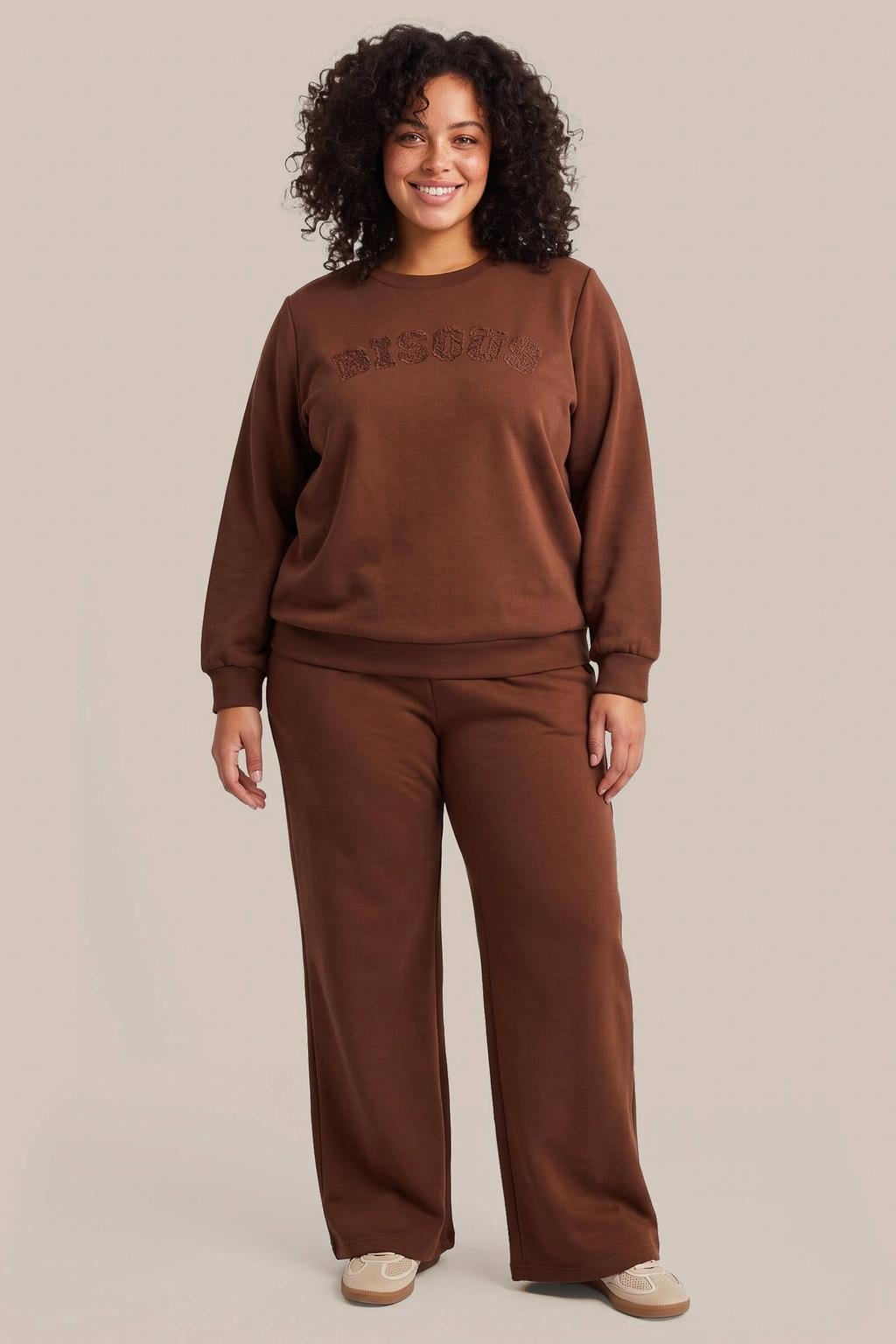 Bruine dames Exxcellent Plus Size straight leg broek van rayon met effen