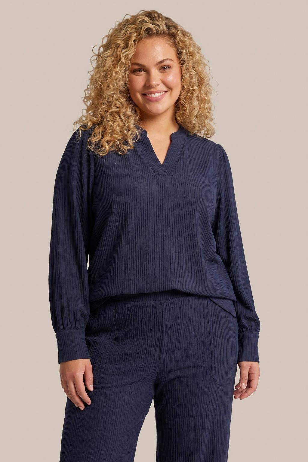 Donkerblauwe dames Exxcellent Plus Size top van polyester met effen, lange mouwen en textuur
