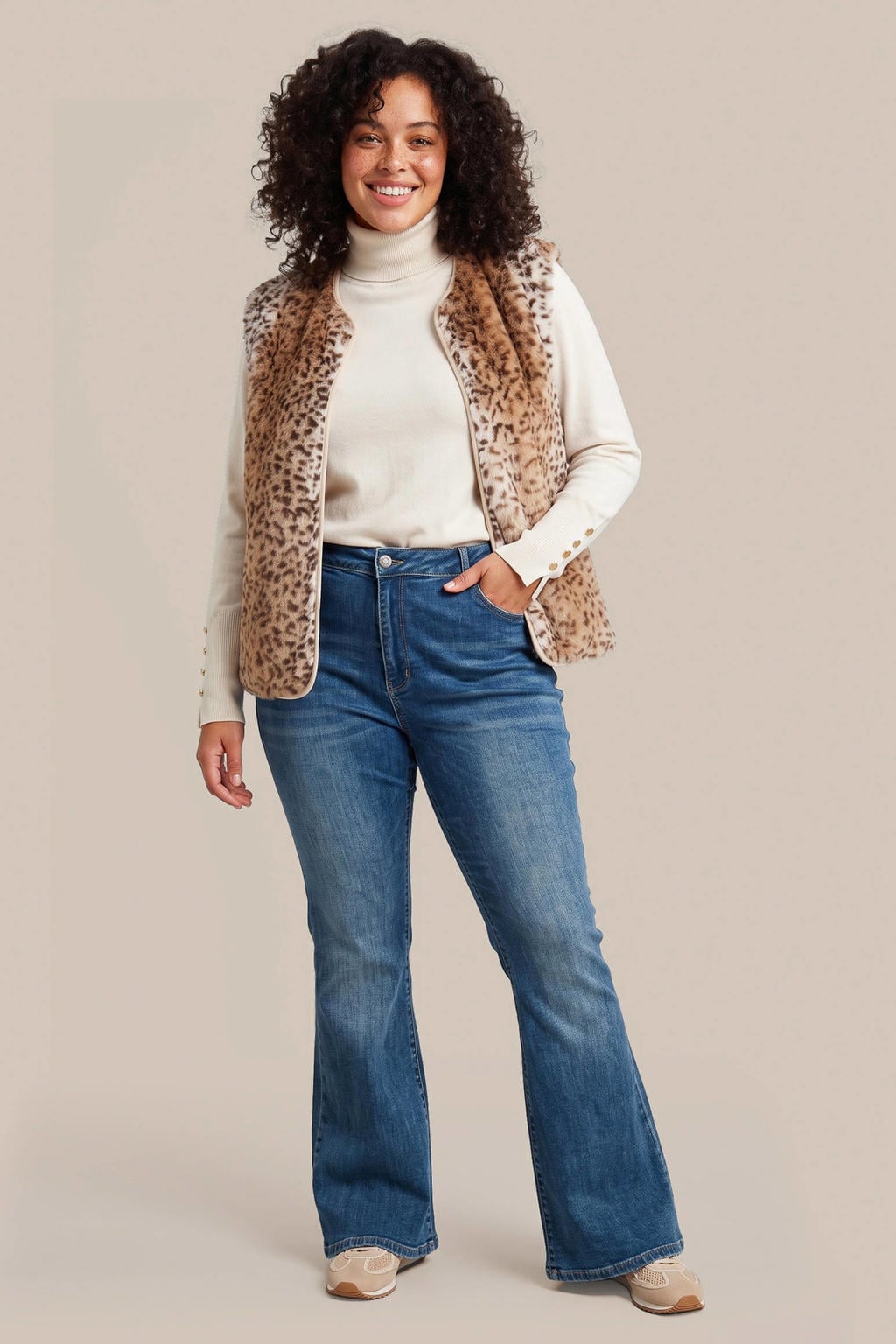 Bruine dames Exxcellent Plus Size gilet van polyester met dierenprint, knoopsluiting en textuur