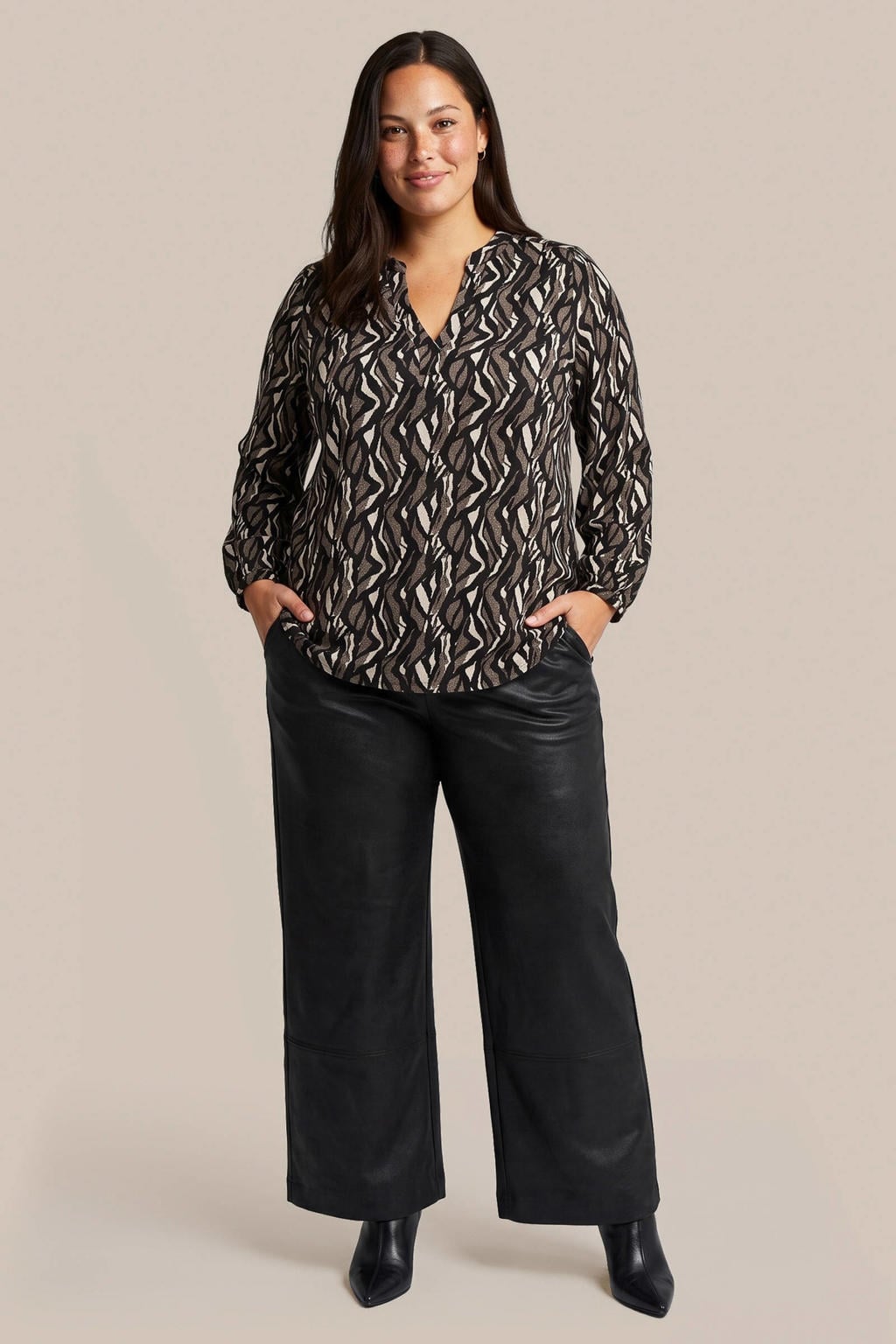 Exxcellent Plus Size top met print - zwart/bruin/beige