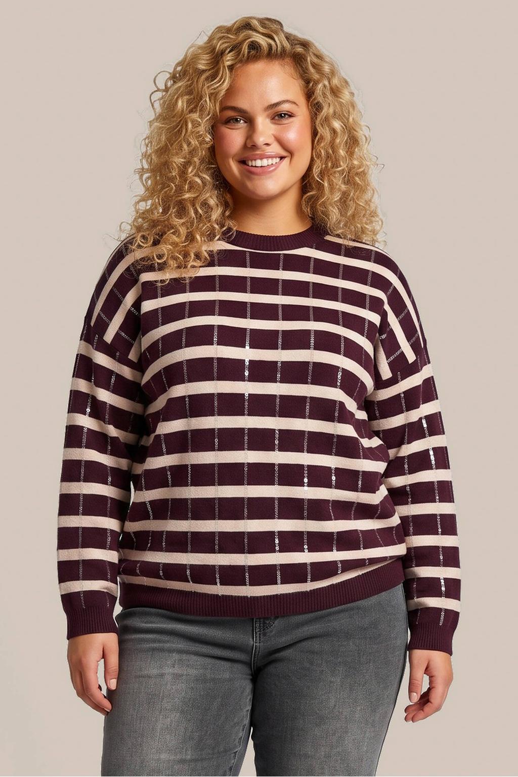 Exxcellent Plus Size gestreepte trui met pailletten - donkerrood/ecru