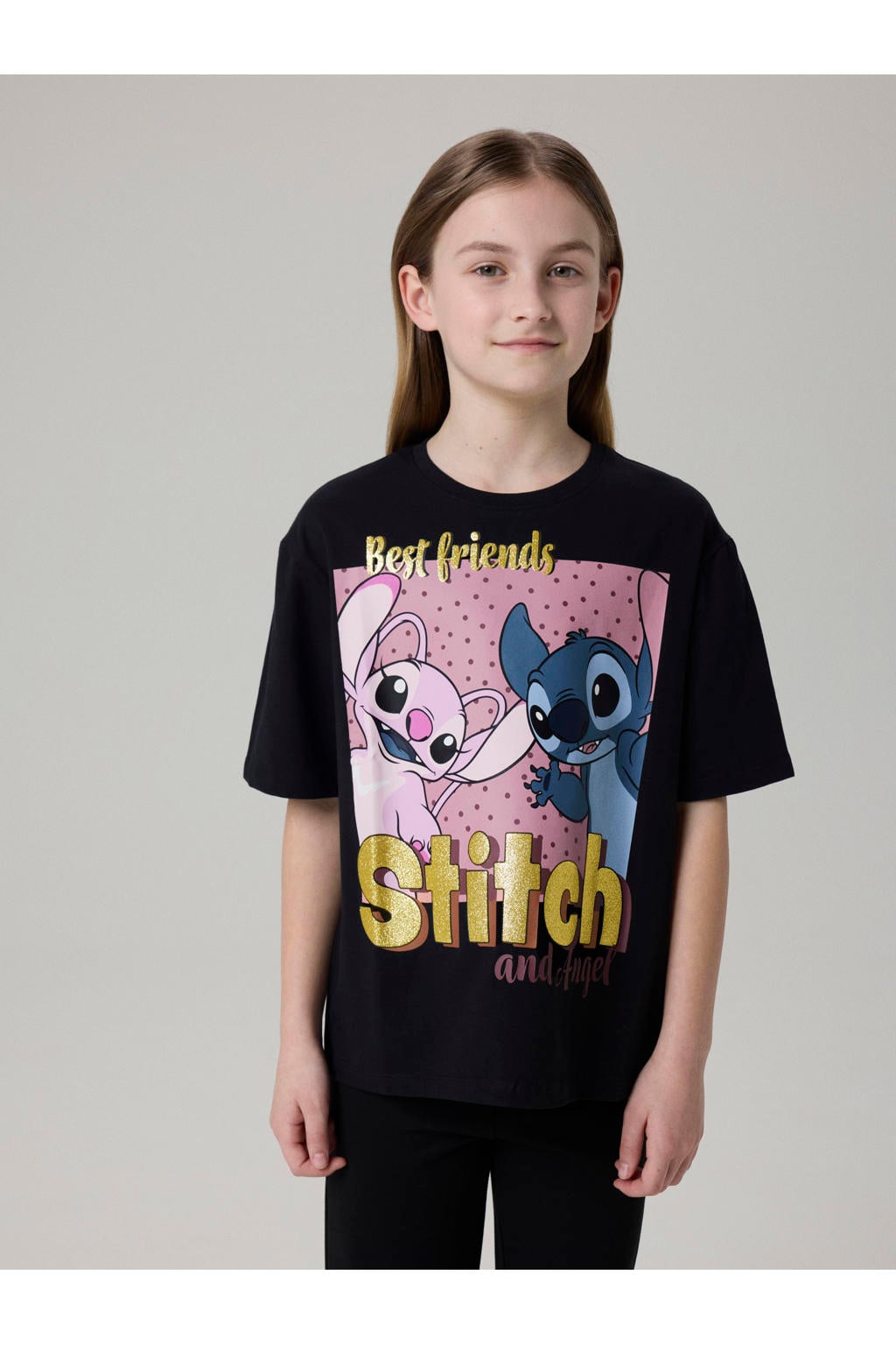 Zwarte meisjes NAME IT KIDS Lilo & Stitch T-shirt met printopdruk, korte mouwen en ronde hals
