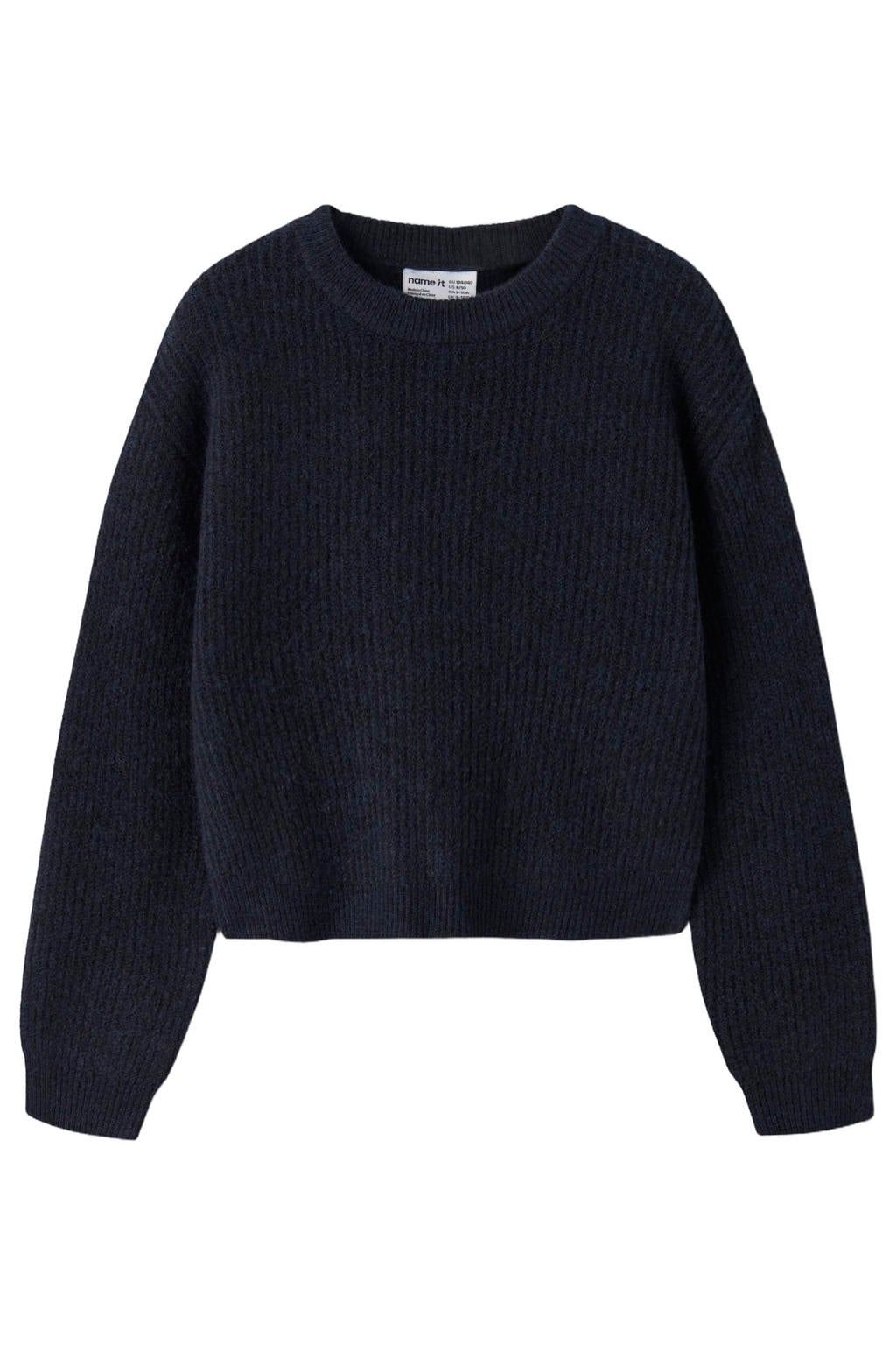 Donkerblauwe meisjes NAME IT KIDS oversized gebreide trui van polyester met effen, lange mouwen en ronde hals