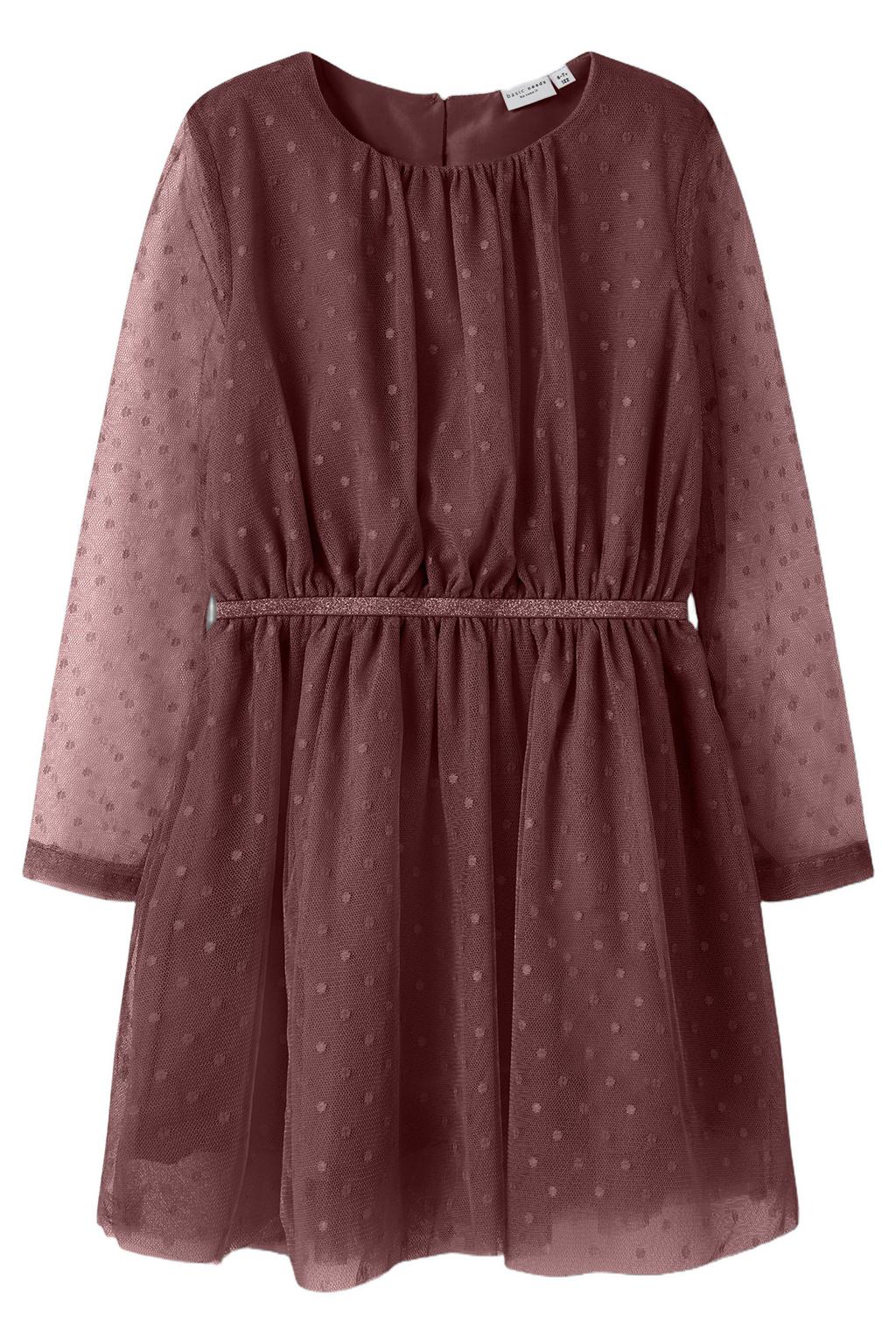Donkerrode meisjes NAME IT KIDS semi-transparante korte jurk van polyester met effen, lange mouwen en ronde hals