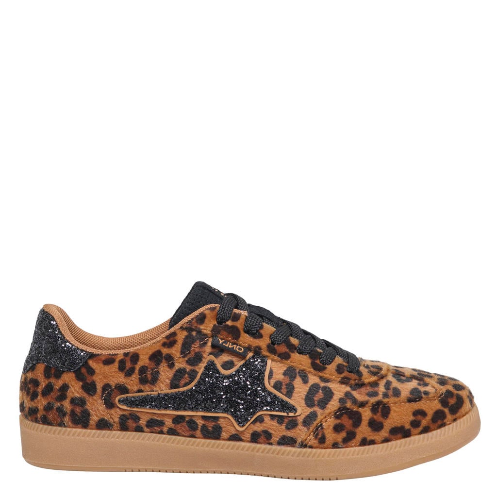 Cognackleurige dames ONLY Onlsandra Pony Leo sneakers - met veters en panterprint