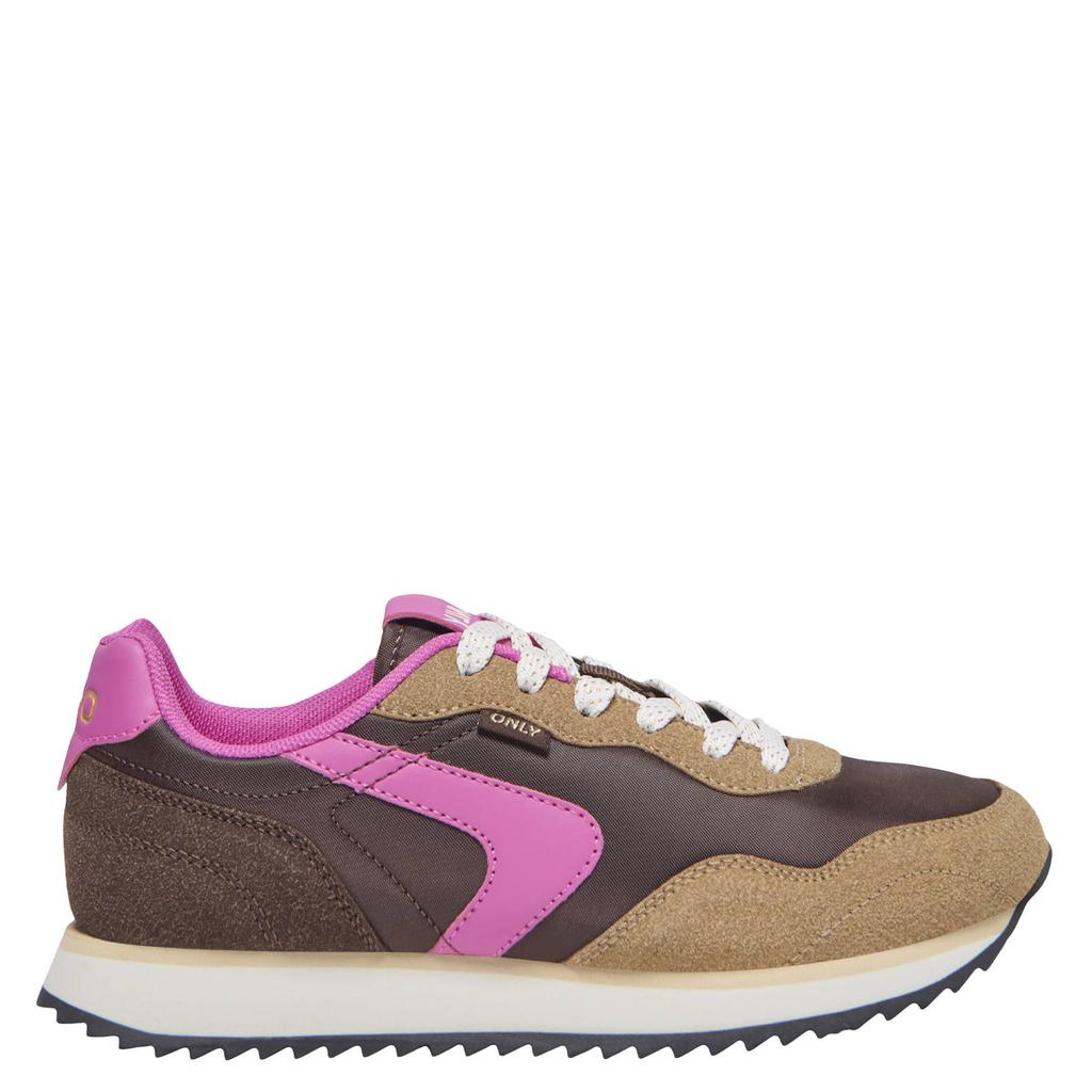 Bruin en roze dames ONLY Onlbrenna imitatieleren sneakers - van 55% polyester/45% polyurethaan met veters