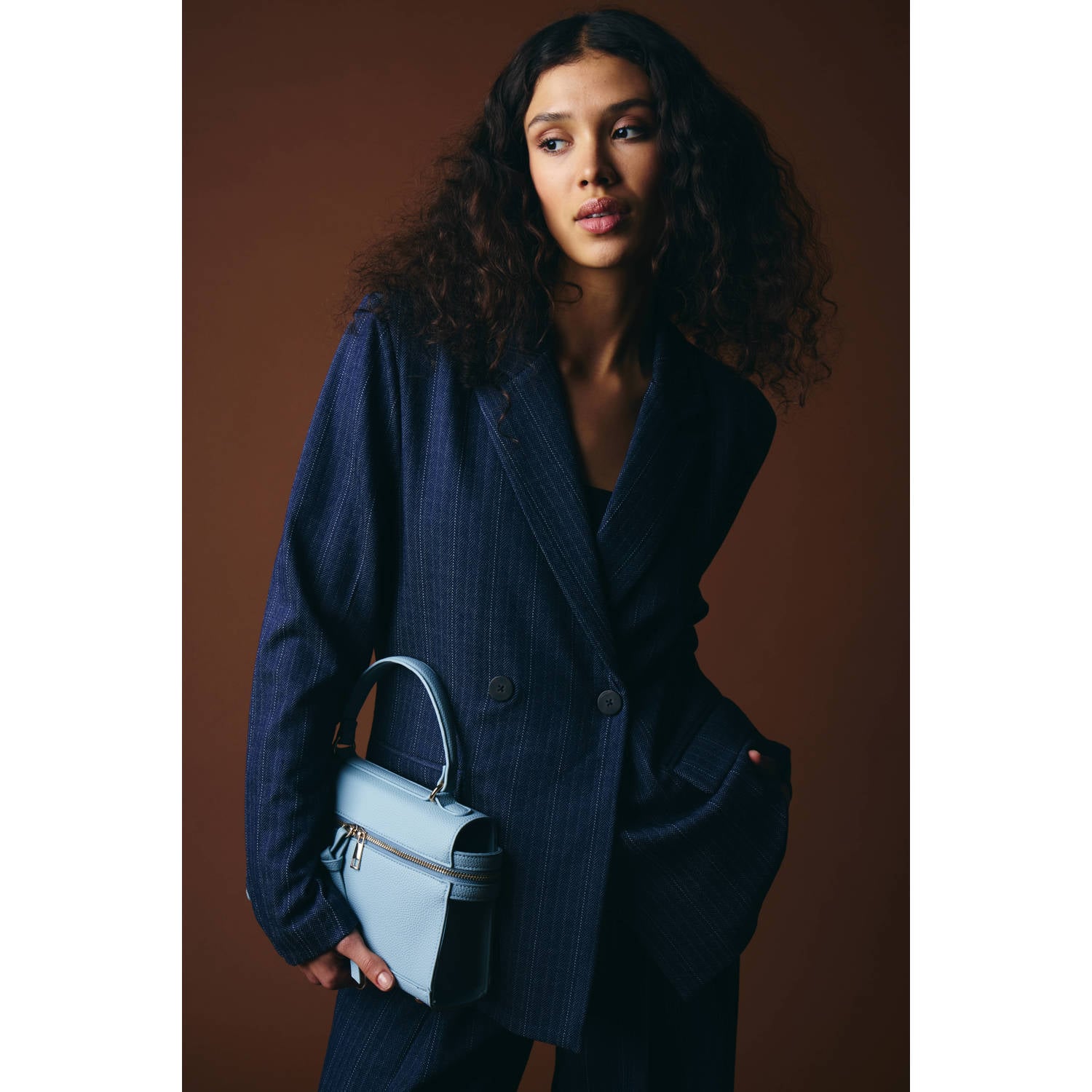 ICHI oversized blazer met krijtstreep donkerblauw
