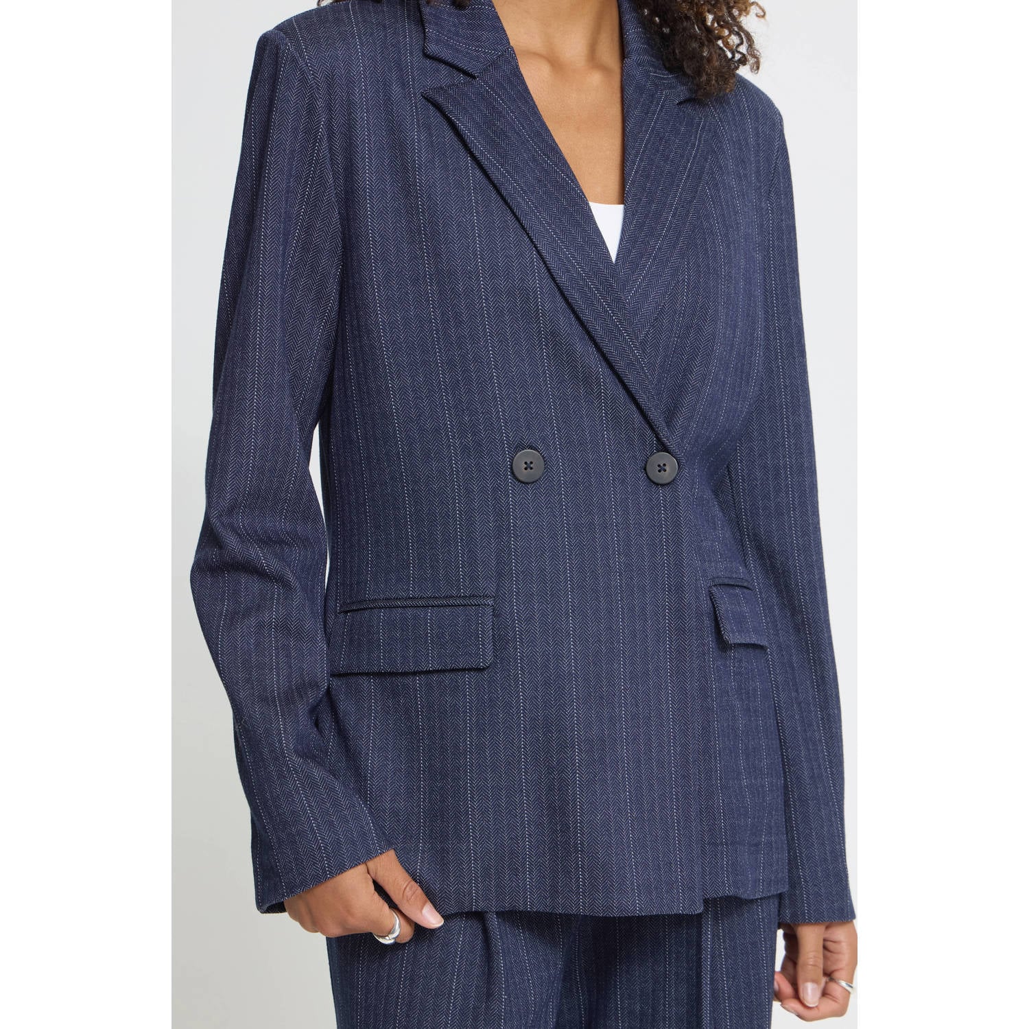 ICHI oversized blazer met krijtstreep donkerblauw