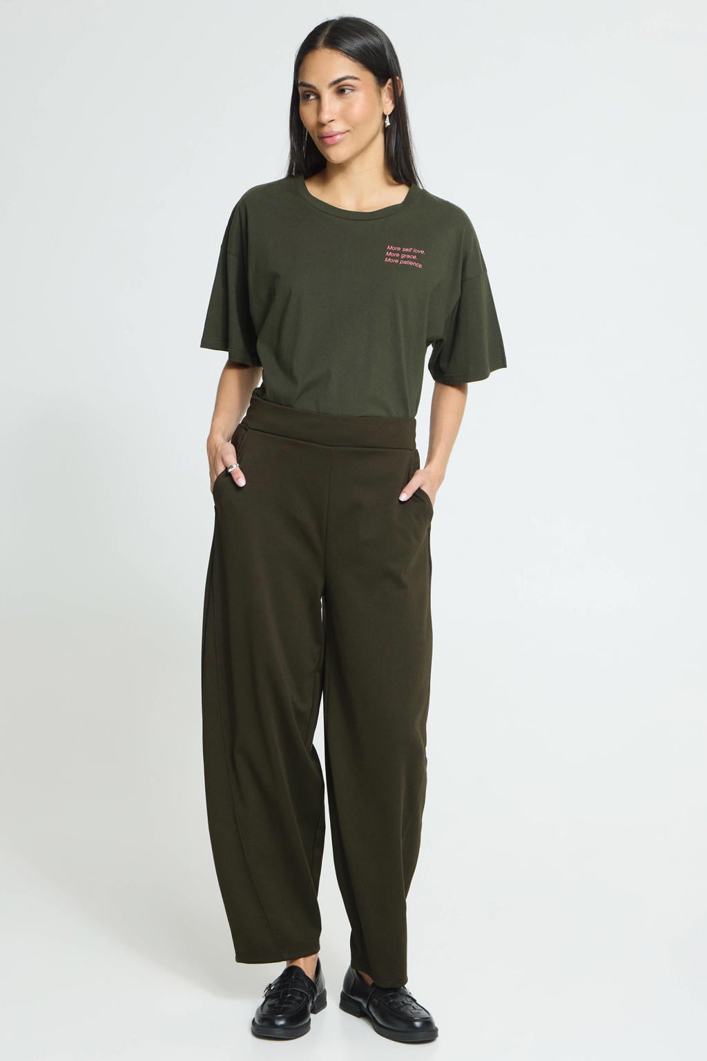 Donkergroene dames ICHI barrel broek van katoen met regular waist, elastische tailleband en effen