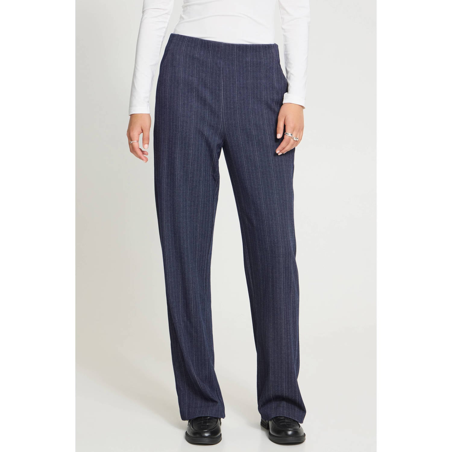 ICHI straight leg broek met krijtstreep donkerblauw