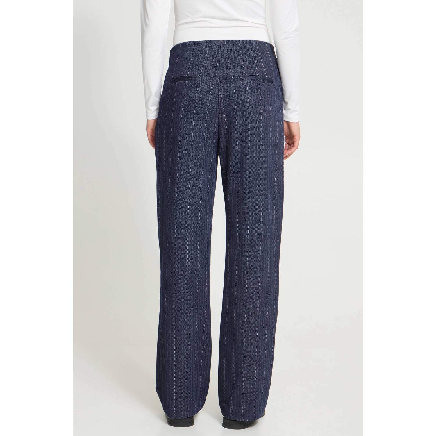 ICHI straight leg broek met krijtstreep donkerblauw