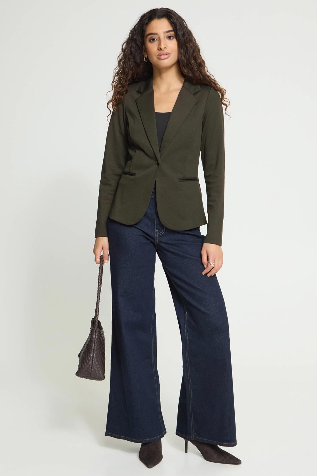 Donkergroene dames ICHI jersey getailleerde blazer van polyester met effen, lange mouwen, reverskraag en knoopsluiting