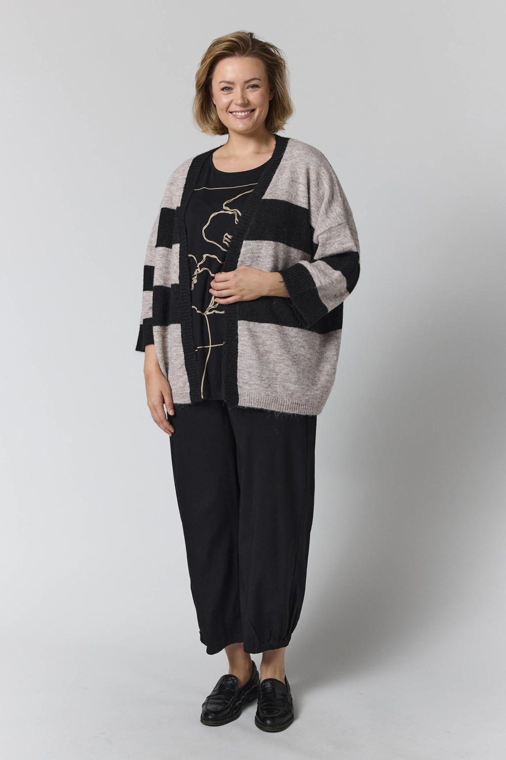 Gozzip gebreid gestreept vest met wol - beige/zwart