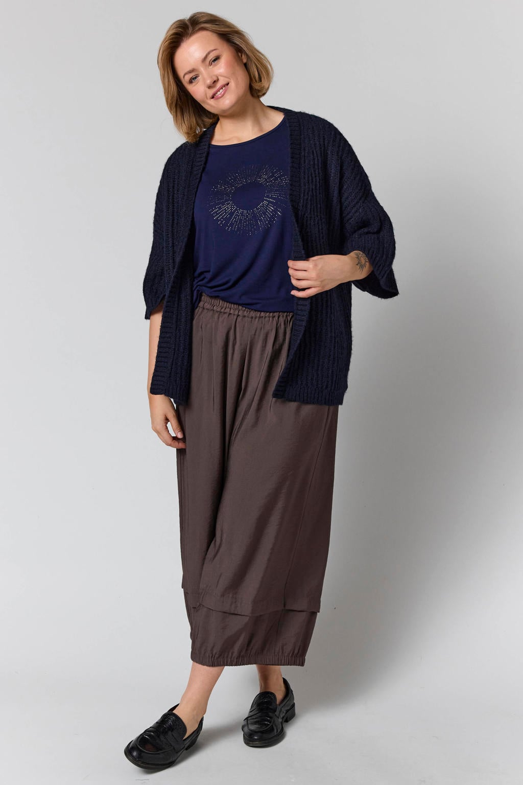 Donkerblauwe dames Gozzip Plus Size gebreid vest van wol met effen en half lange mouwen