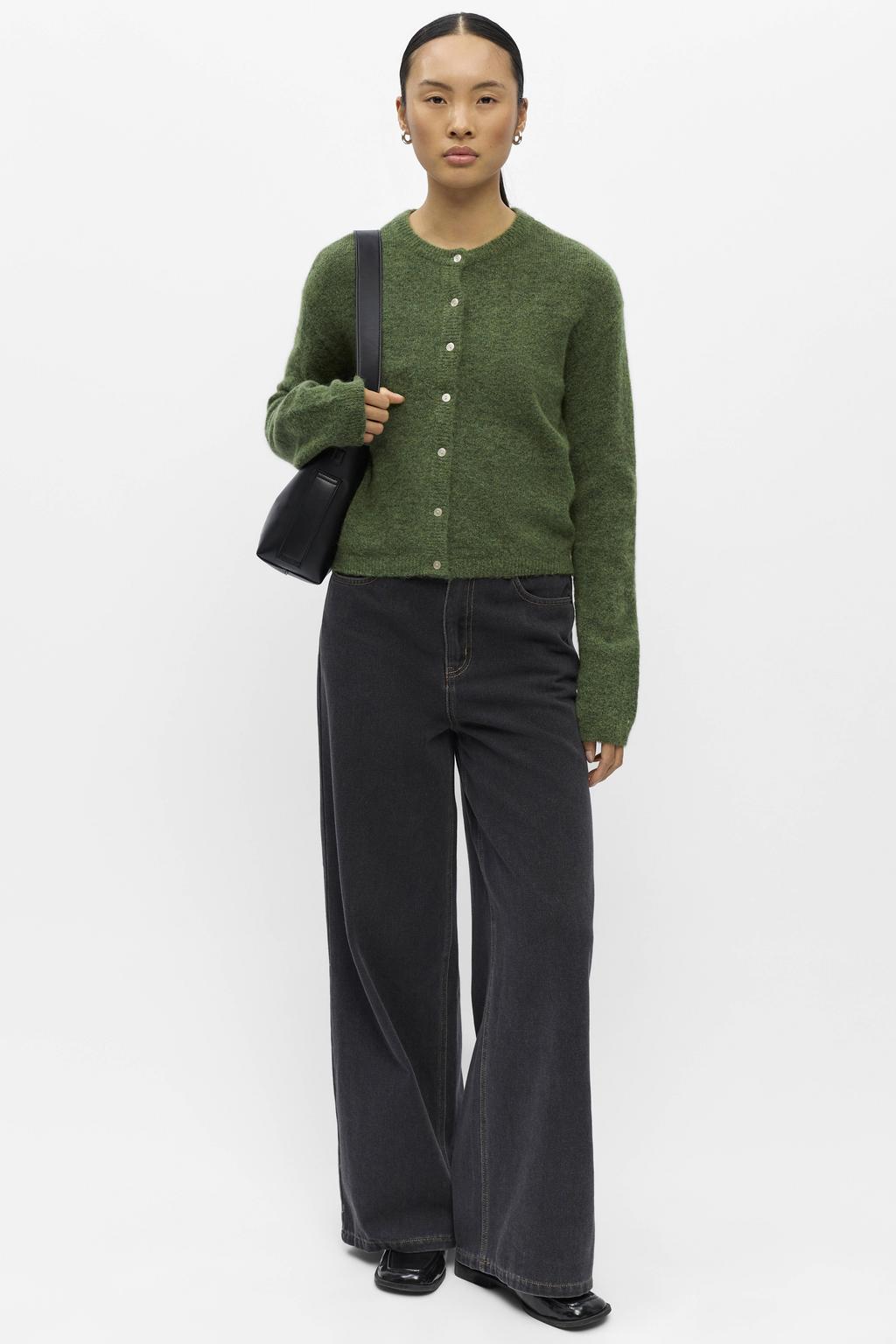 Groene dames OBJECT gebreid vest van nylon met effen, lange mouwen, ronde hals en knoopsluiting