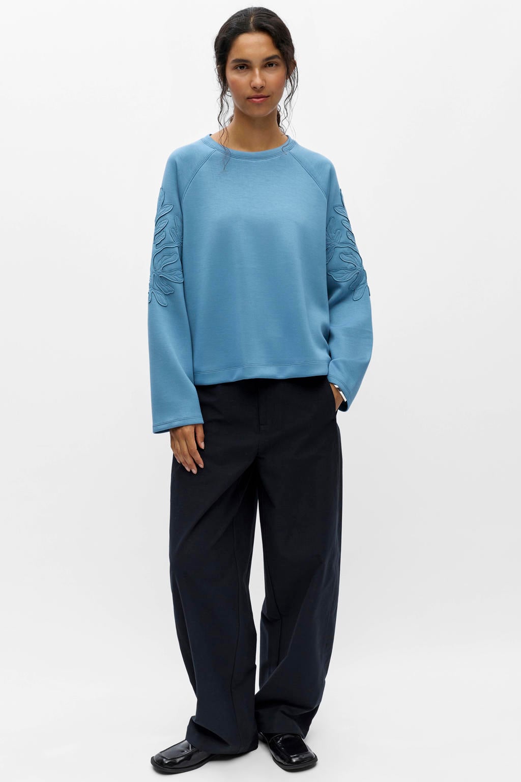 Blauwe dames OBJECT sweater van polyester met effen, lange mouwen, ronde hals en borduursels
