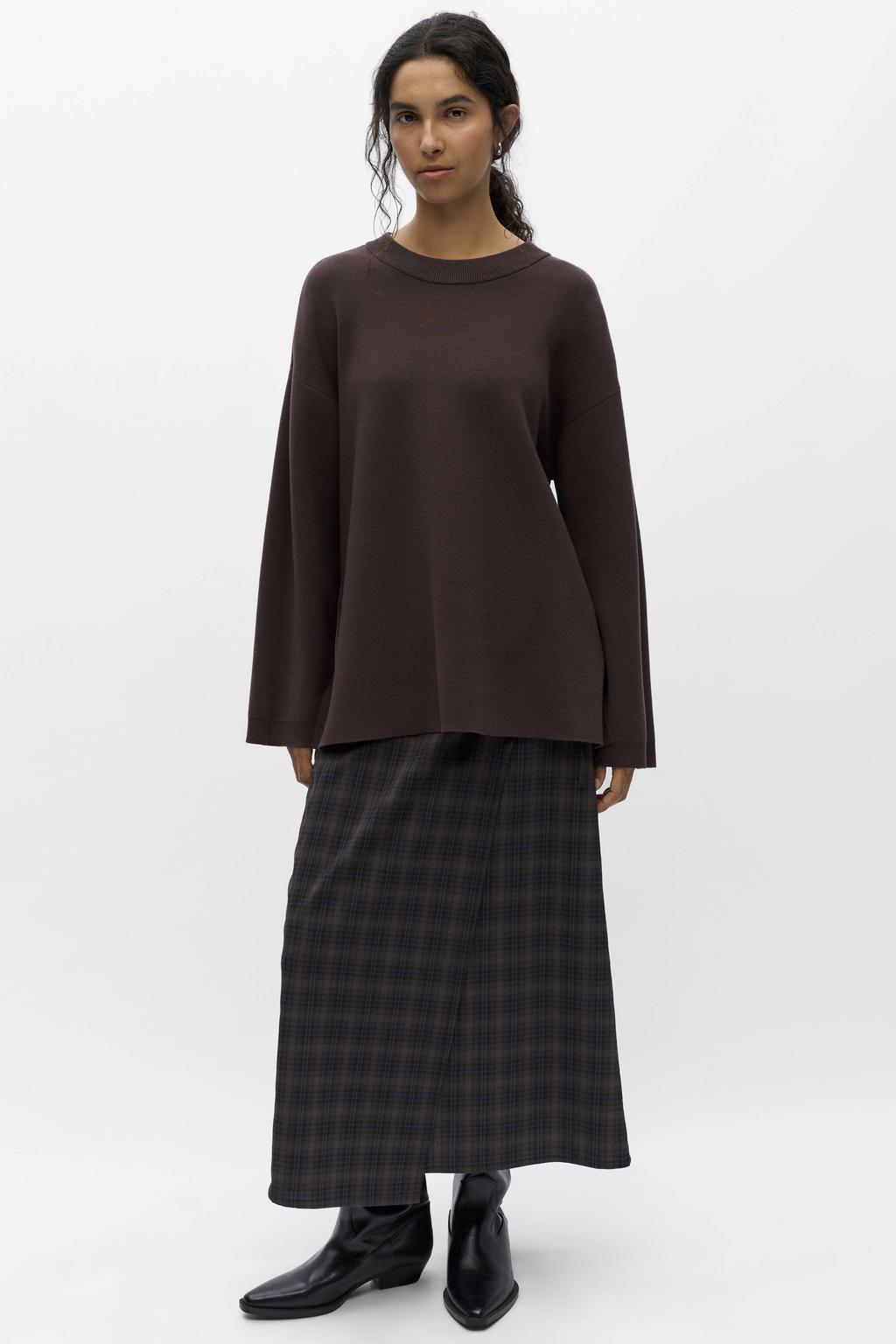 Bruine dames OBJECT gebreide trui van viscose met effen, lange mouwen en ronde hals