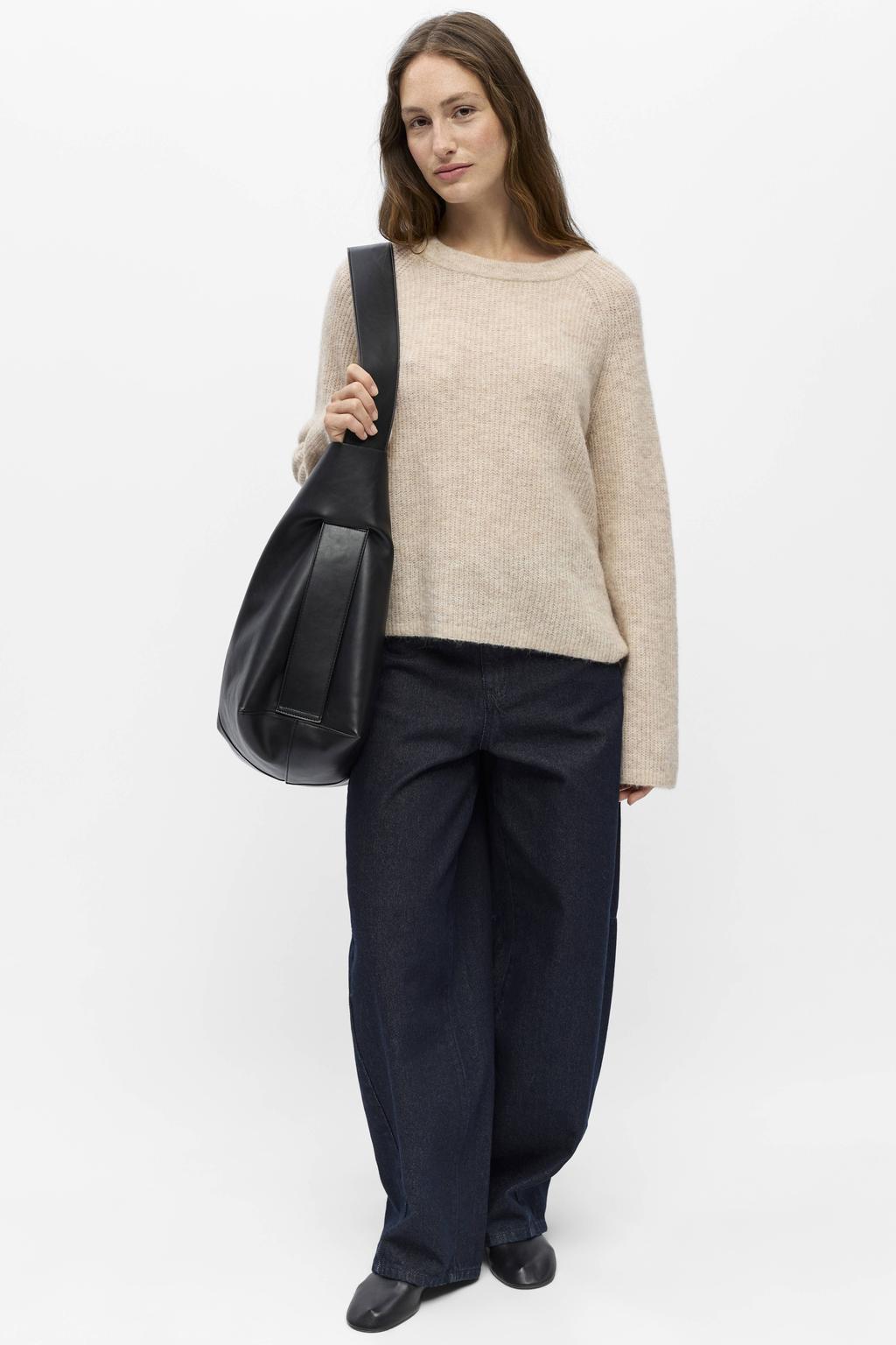 Beige dames OBJECT gebreide trui van nylon met effen, lange mouwen en ronde hals