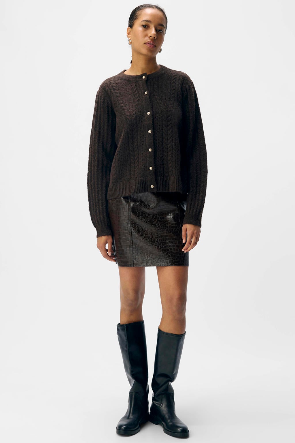 Bruine dames OBJECT rechtvallend gebreid vest met effen, lange mouwen, ronde hals en knoopsluiting