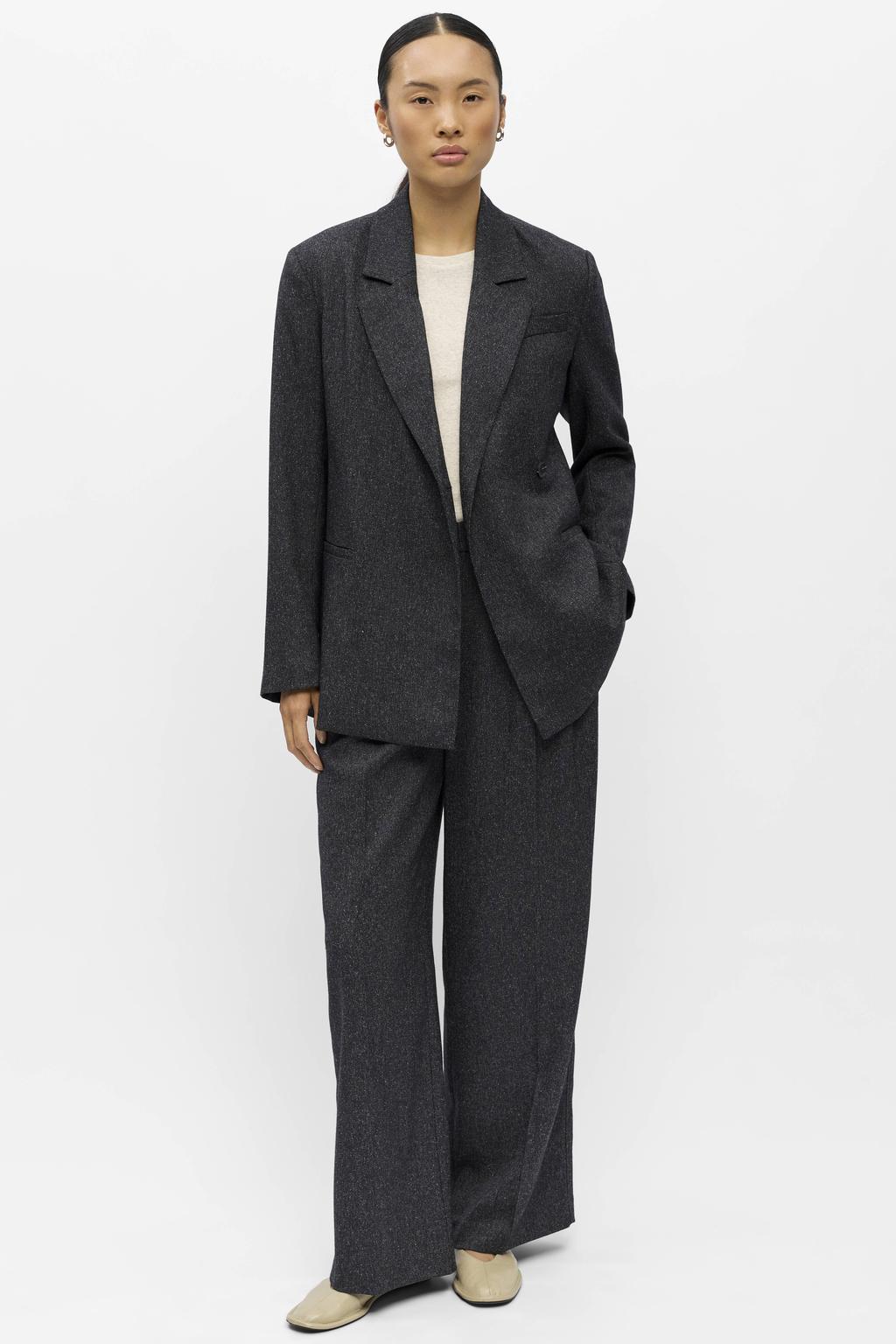 Zwarte dames OBJECT regular blazer van polyester met effen, lange mouwen, reverskraag, knoopsluiting en geweven detail