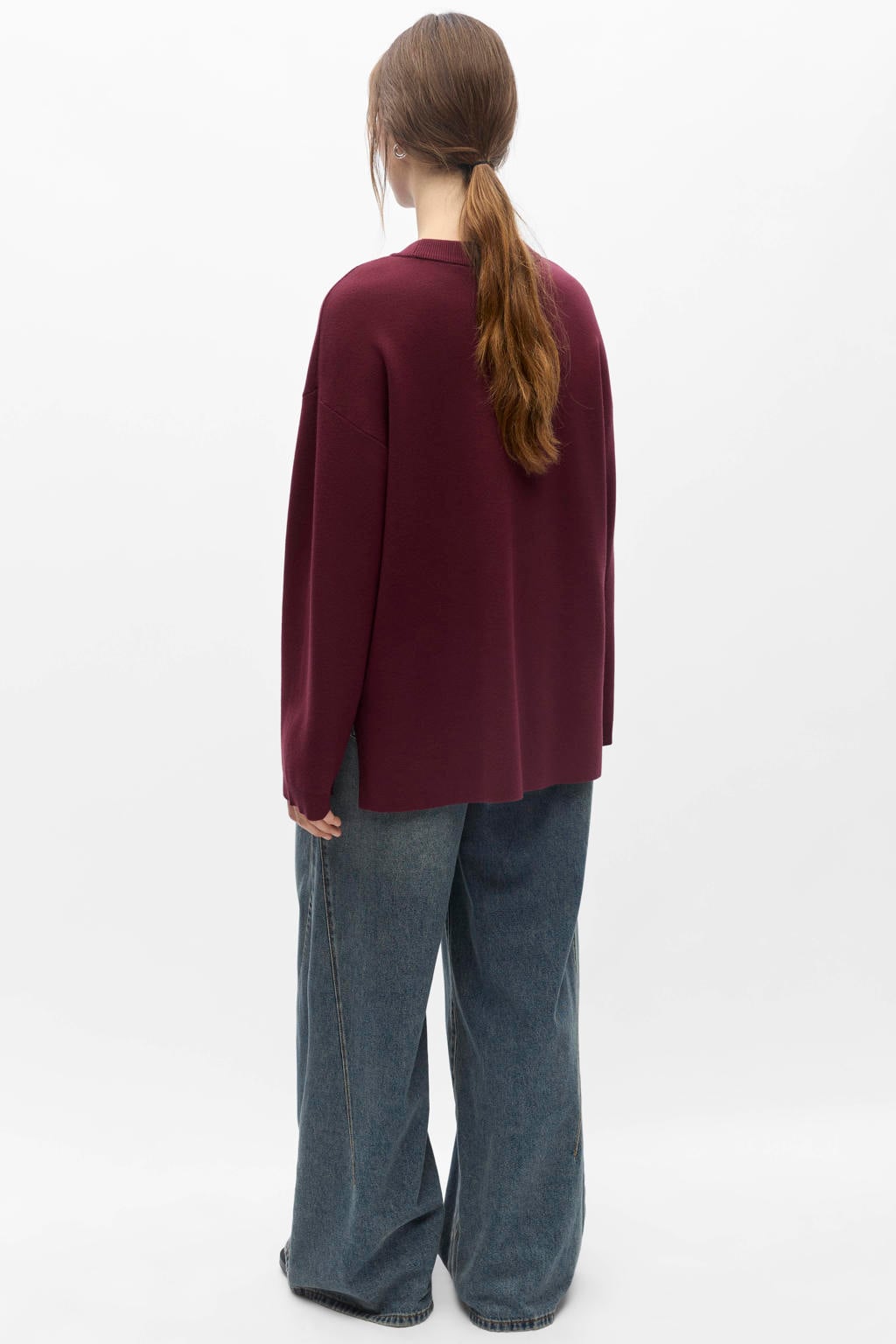 Donkerrode dames OBJECT gebreide trui van viscose met effen, lange mouwen en ronde hals