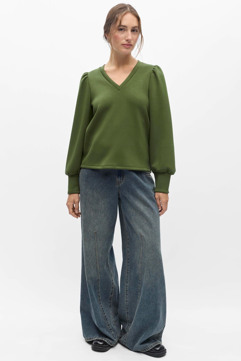 Groene dames OBJECT sweater van polyester met effen, lange mouwen en V-hals