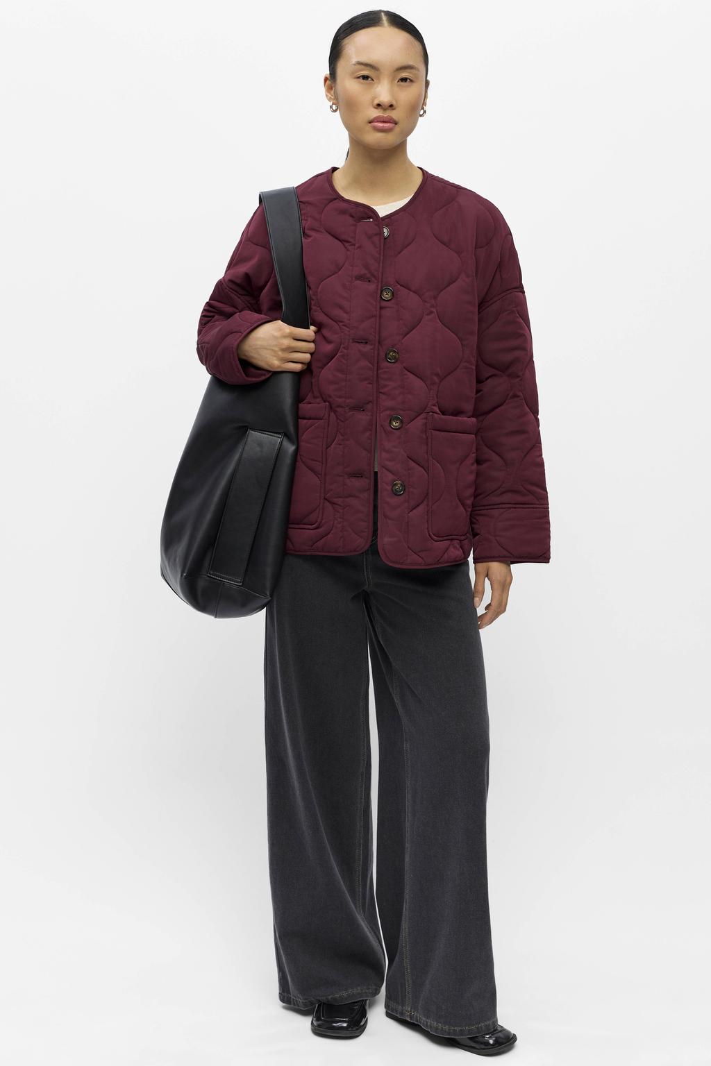 Donkerrode dames OBJECT quilted jas van polyester met effen, lange mouwen en knoopsluiting