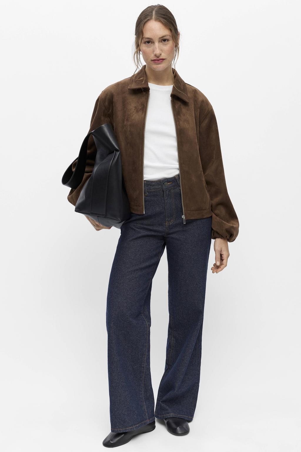 Bruine dames OBJECT jas van polyester met effen, lange mouwen, widespread hals en ritssluiting
