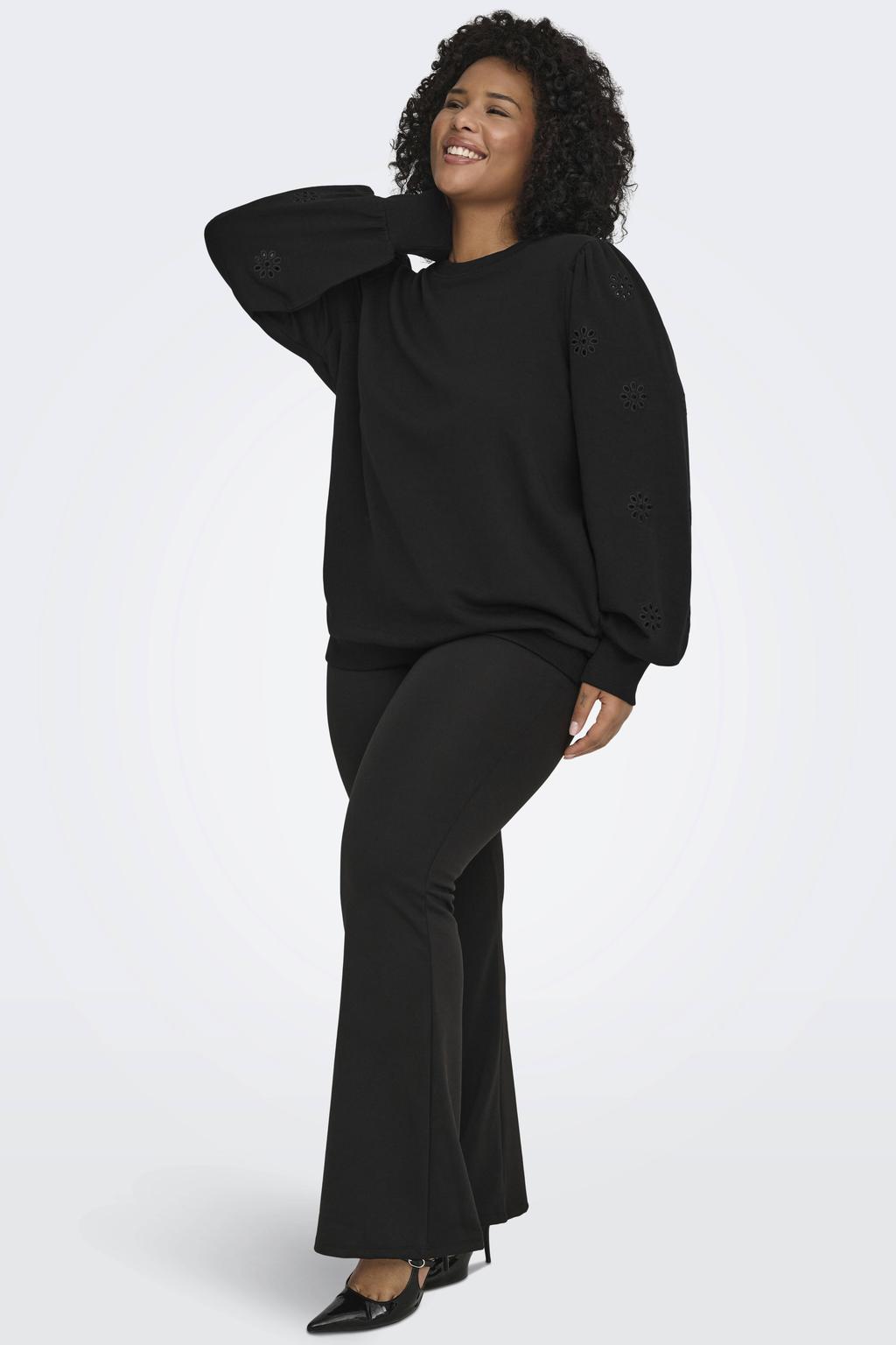 Zwarte dames ONLY CARMAKOMA rechtvallende sweater Plus Size van katoen met effen, lange mouwen en open detail