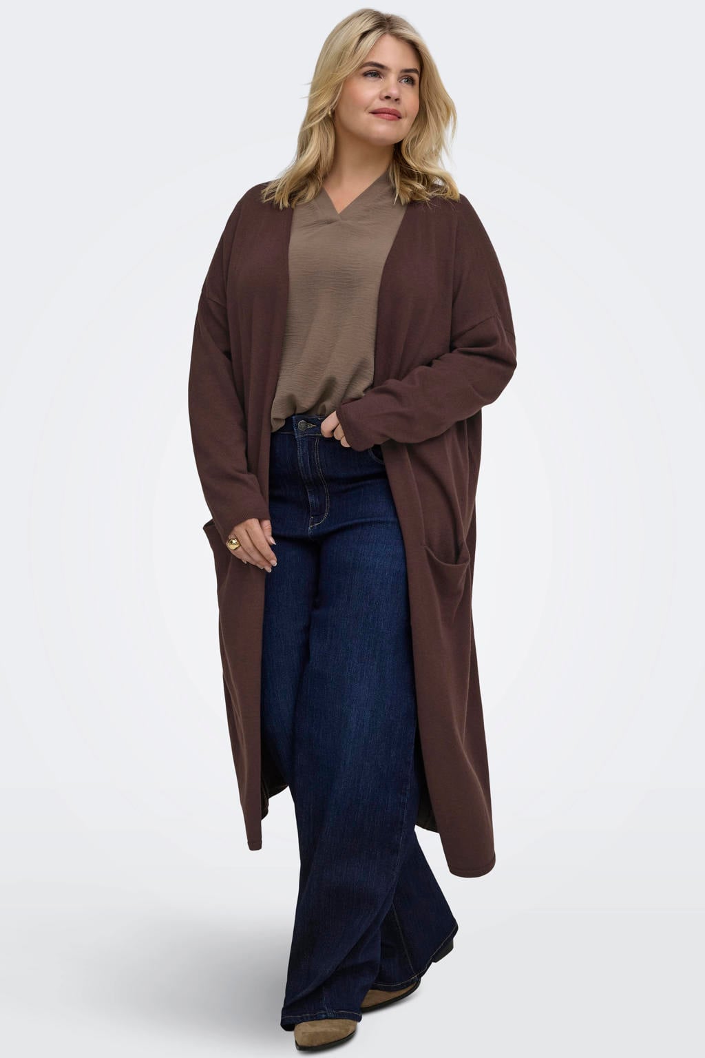 Donkerblauwe dames ONLY CARMAKOMA aansluitend gebreide vest Plus Size van viscose met effen en lange mouwen