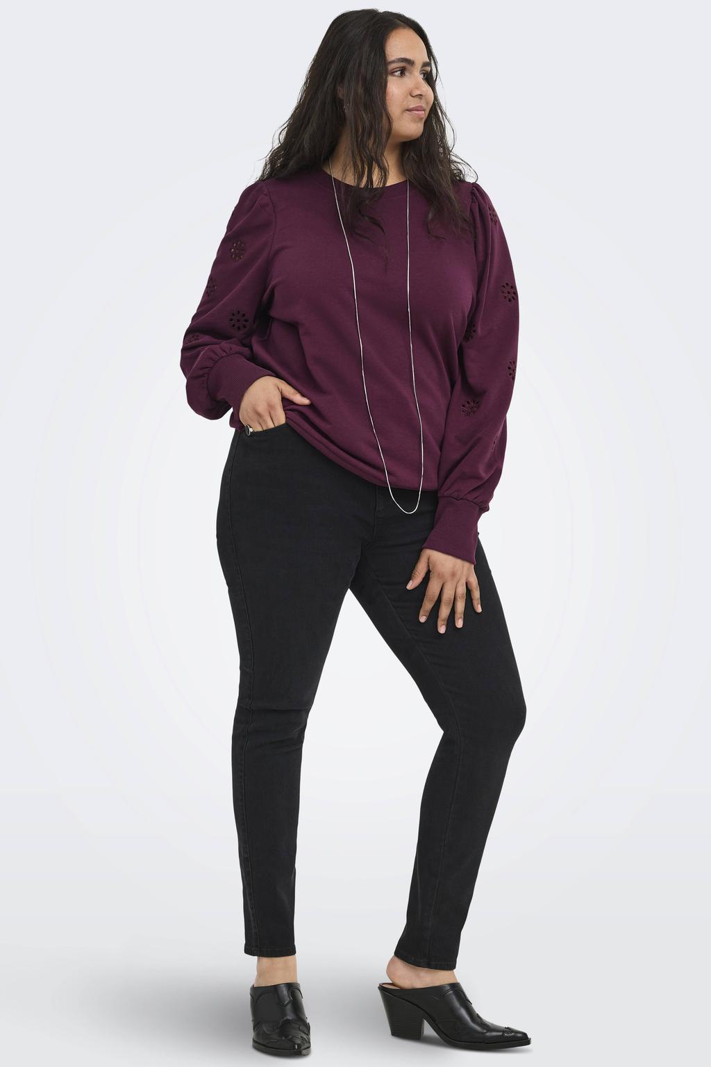 Donkerrode dames ONLY CARMAKOMA rechtvallende trui Plus Size van katoen met effen, lange mouwen en open detail