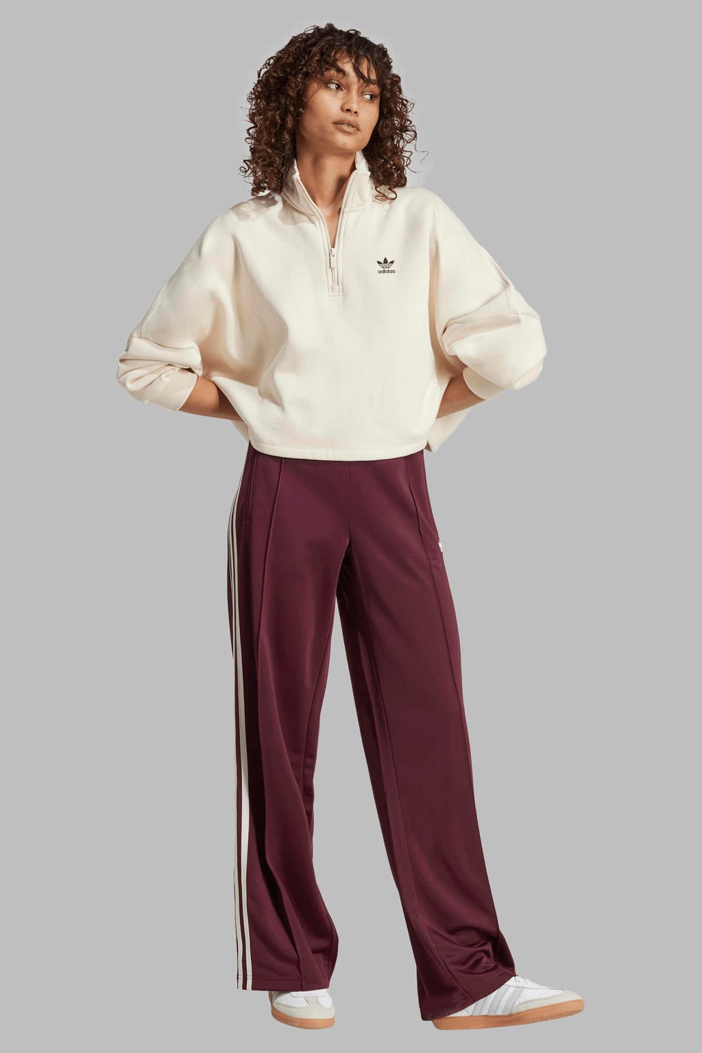 Donkerrood en witte dames adidas Originals Firebird regular fit joggingbroek van polyester met elastische tailleband met koord en effen