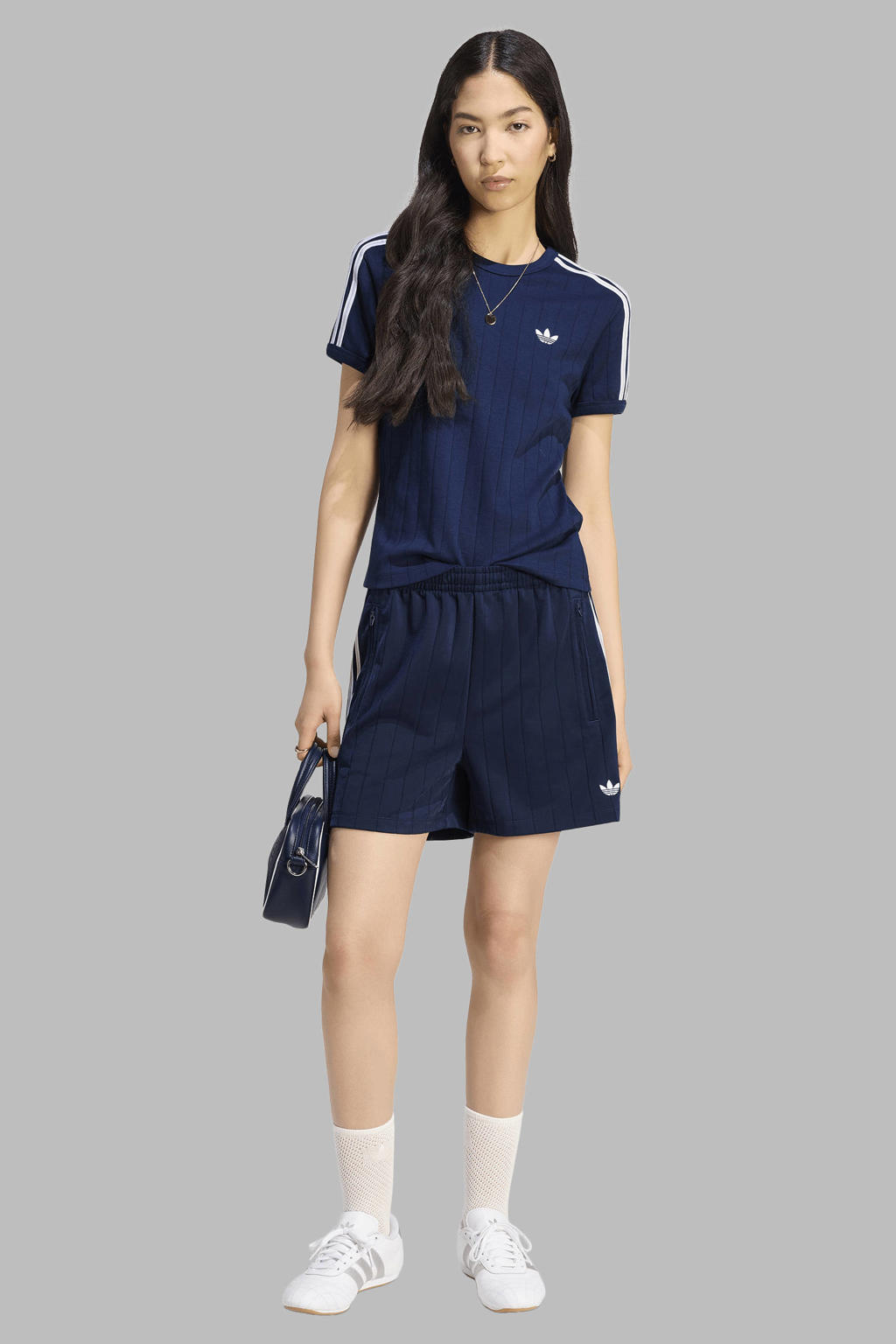 Donkerblauwe dames adidas Originals T-shirt van katoen met strepenprint, korte mouwen en ronde hals