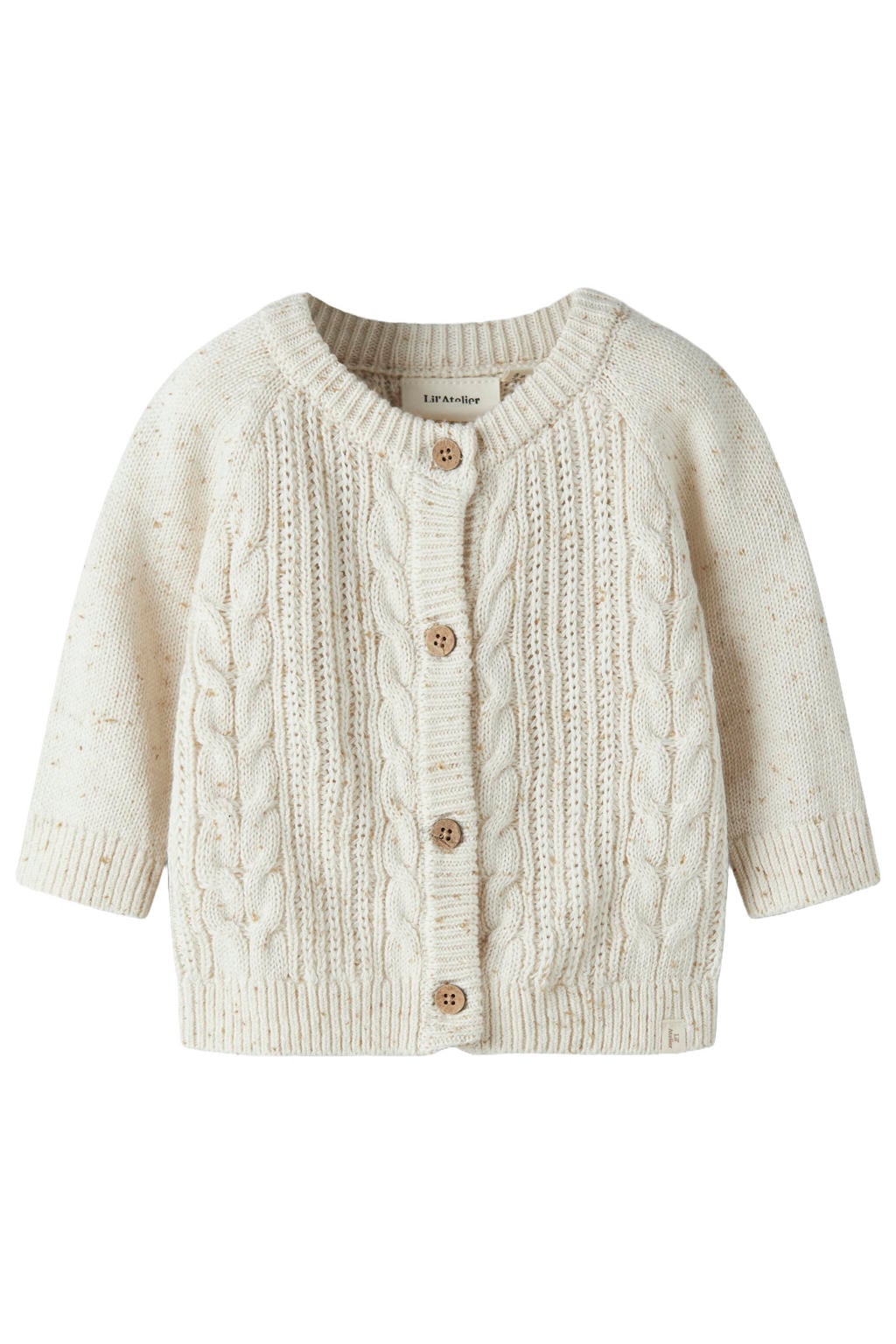 Ecru meisjes LIL' ATELIER BABY katoenen gebreide vest met melée print, lange mouwen, ronde hals en knoopsluiting